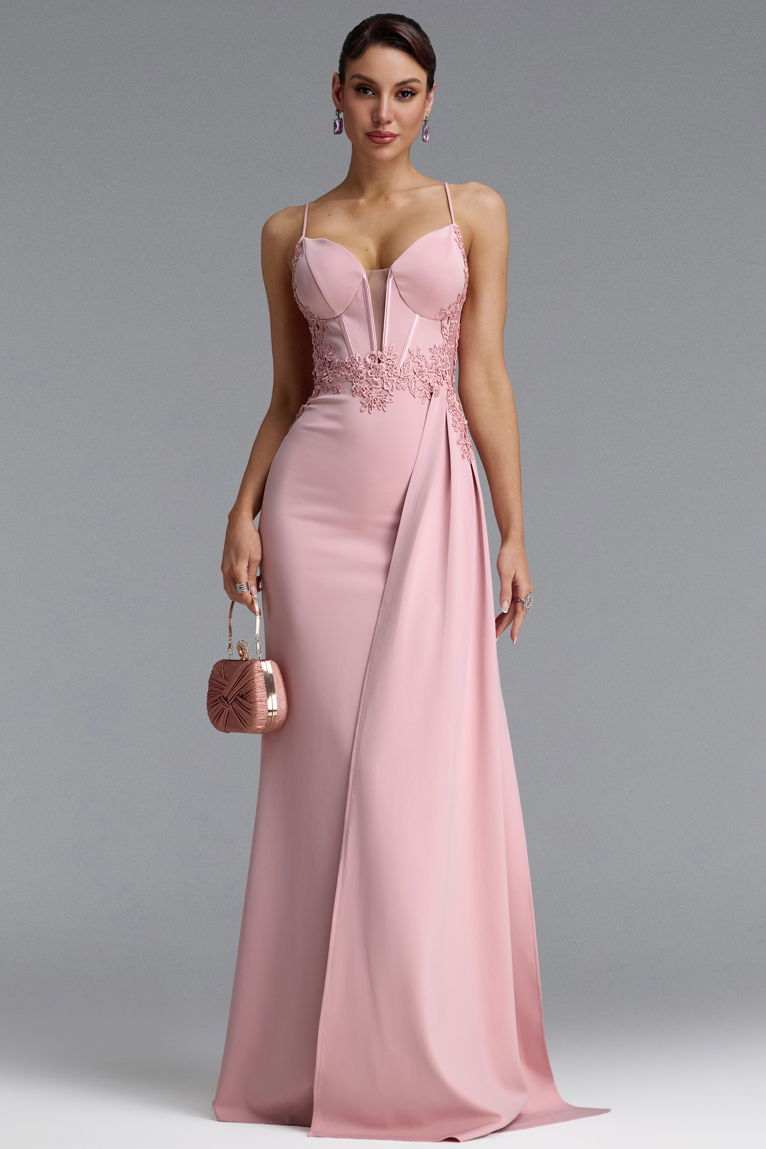 Henlina Romantic Spaghetti Strap Floral Embroidery Slit Lace Mermaid Pink Maxi Dress