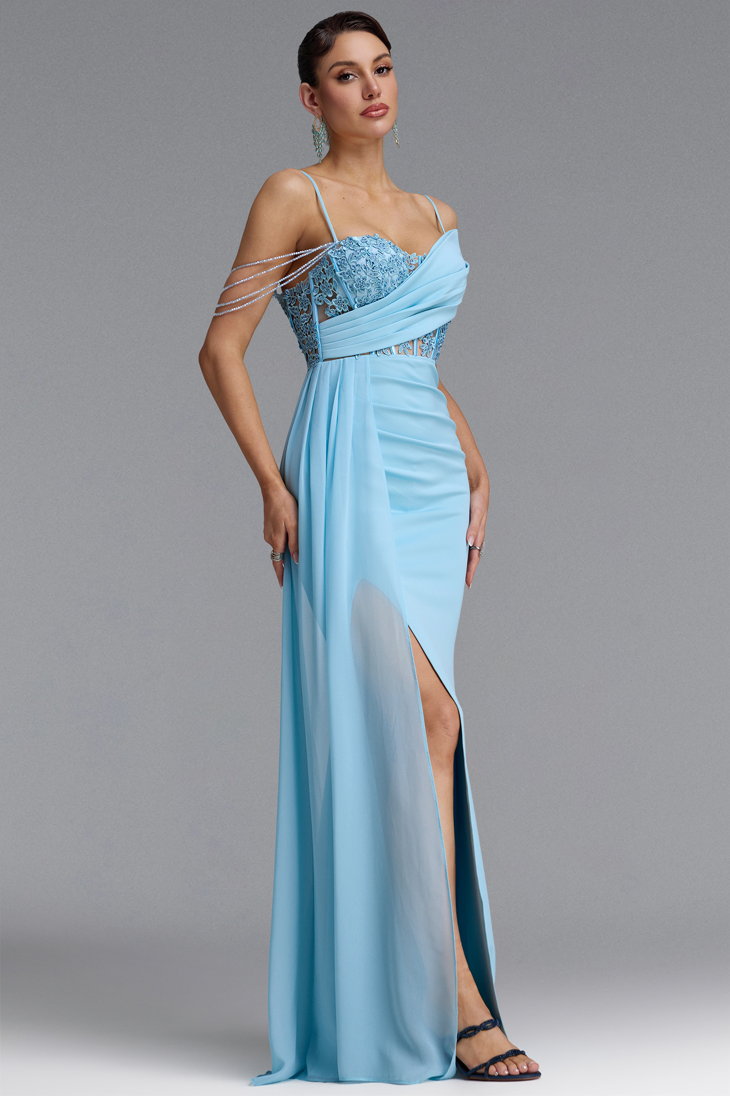 Vida Elegant Spaghetti Strap Tassel Ruched High Slit Lace Maxi Dress