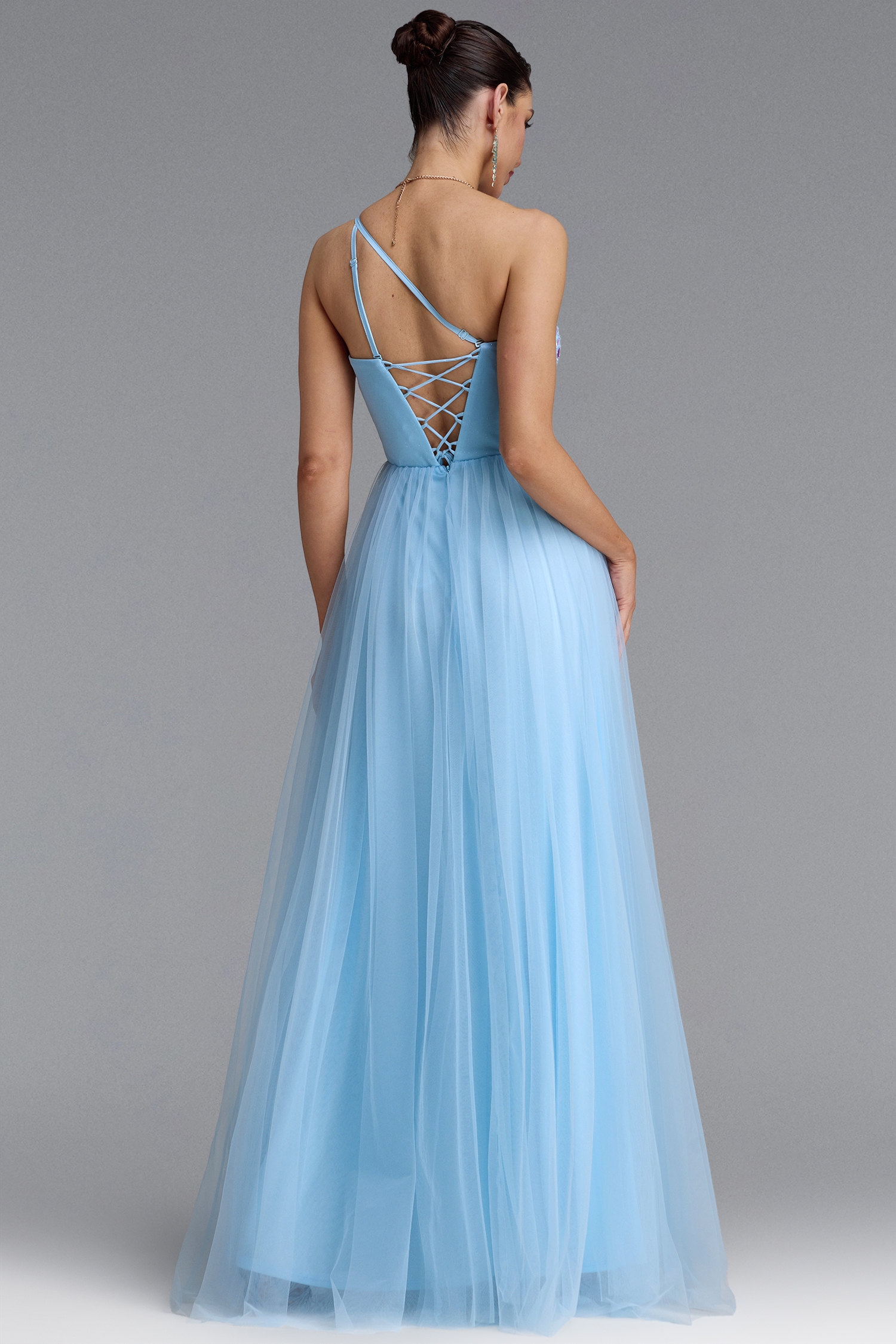 Sabriya Sexy One Shoulder Cut Out Iridescent Sequin Tulle High Slit Maxi Dress