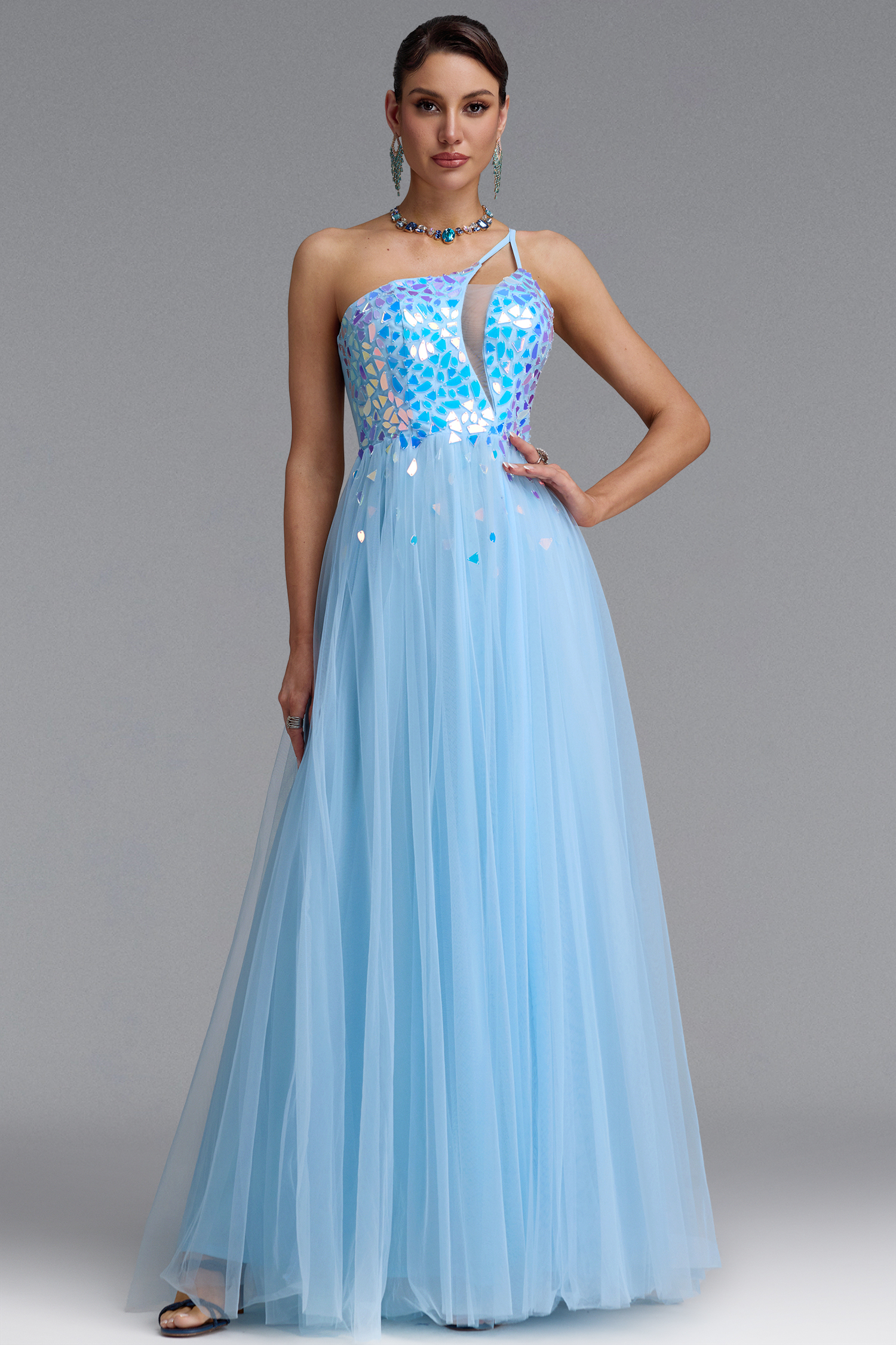 Sabriya Sexy One Shoulder Cut Out Iridescent Sequin Tulle High Slit Maxi Dress
