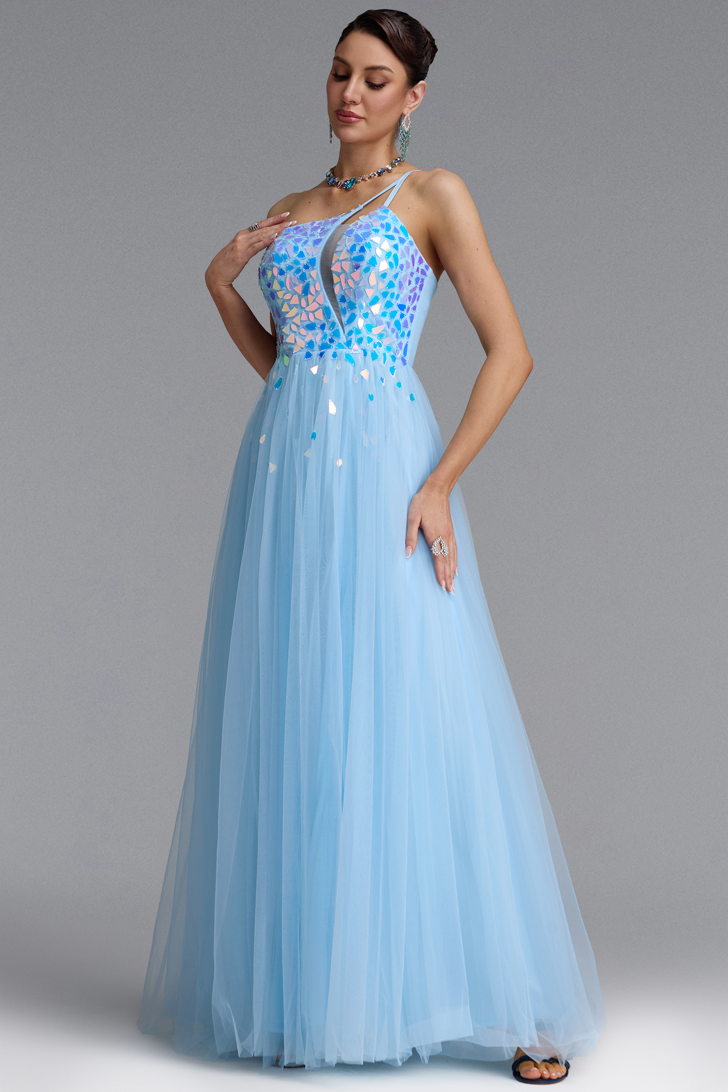 Sabriya Sexy One Shoulder Cut Out Iridescent Sequin Tulle High Slit Maxi Dress