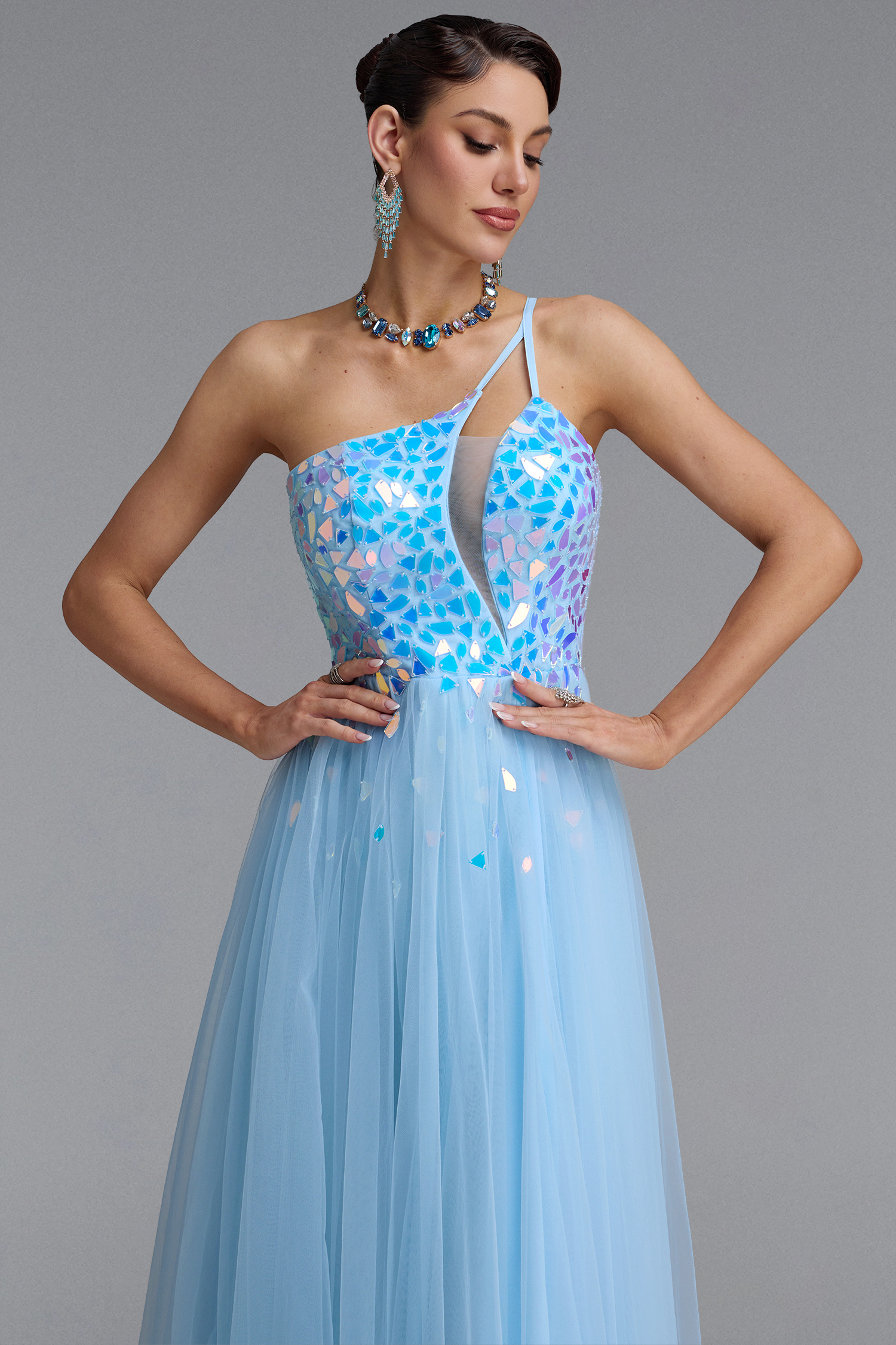Sabriya Sexy One Shoulder Cut Out Iridescent Sequin Tulle High Slit Maxi Dress