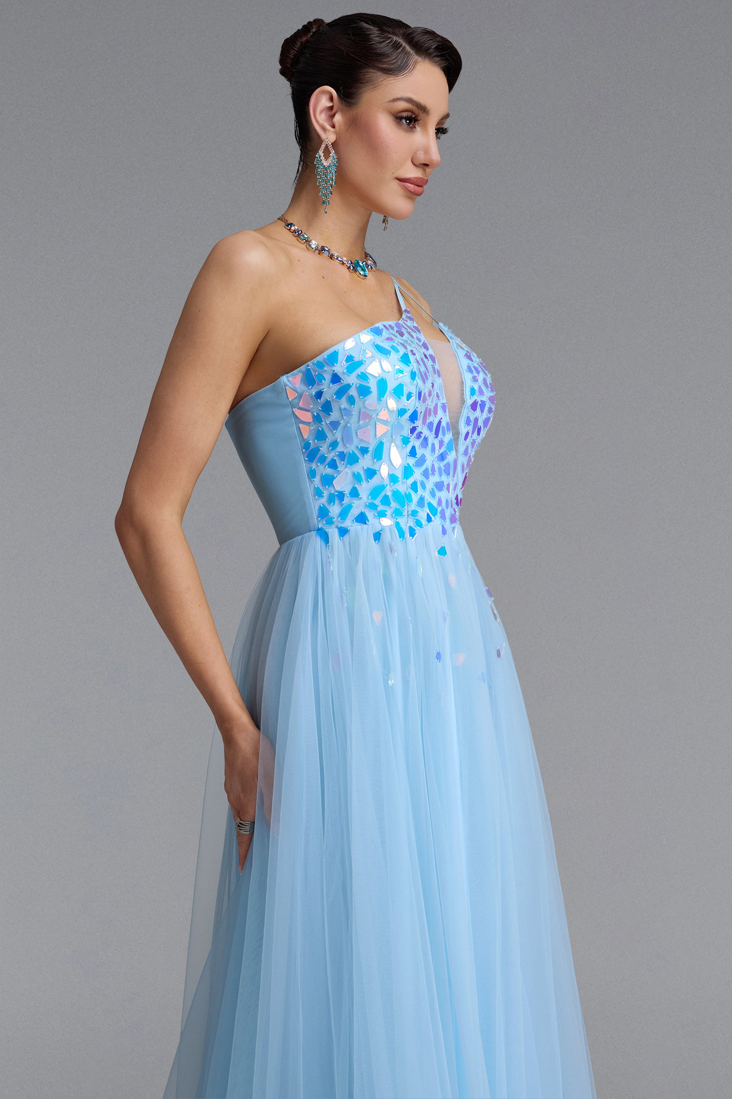 Sabriya Sexy One Shoulder Cut Out Iridescent Sequin Tulle High Slit Maxi Dress