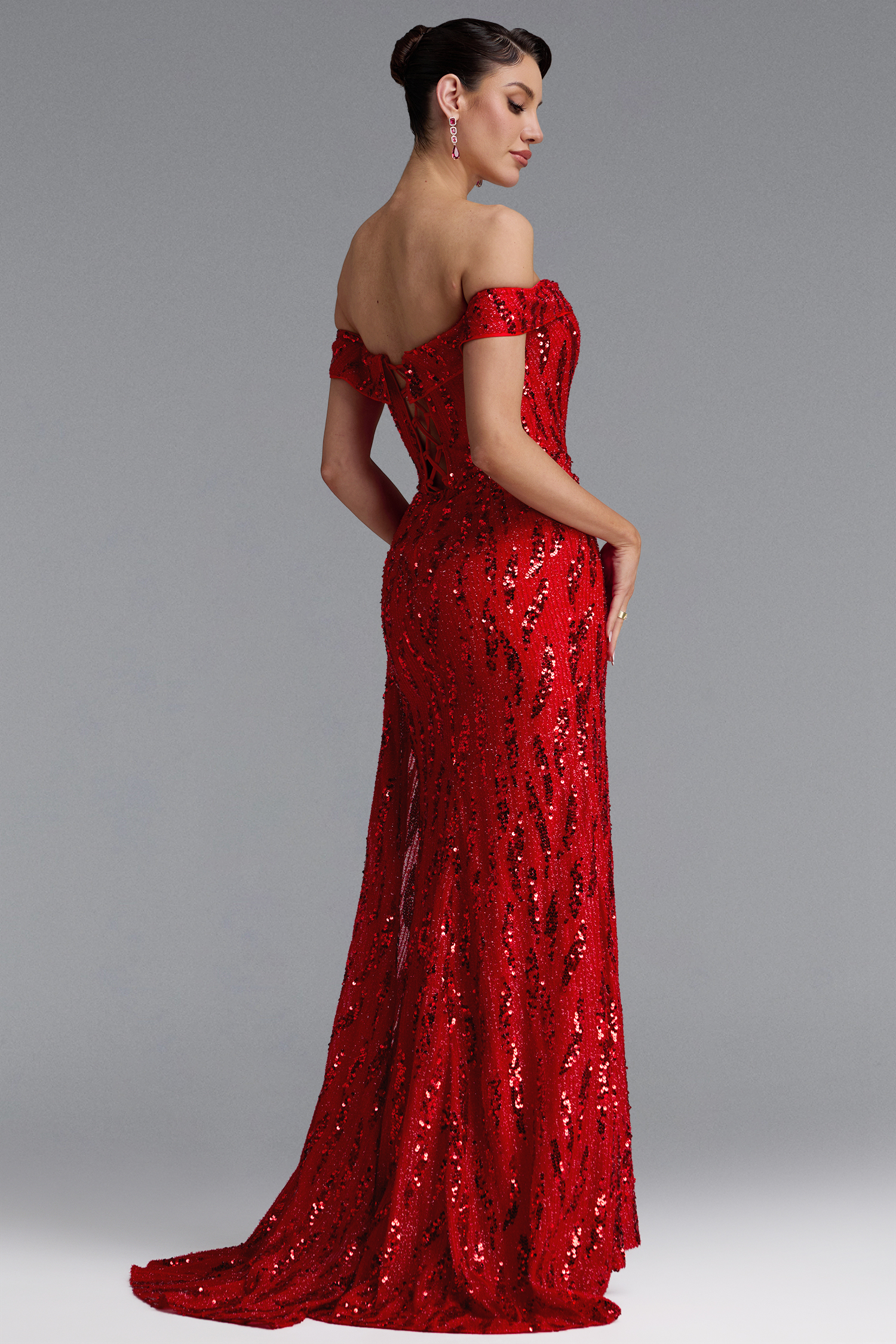 Roanna Elegant Off Shoulder Sequin High Slit Maxi Dress