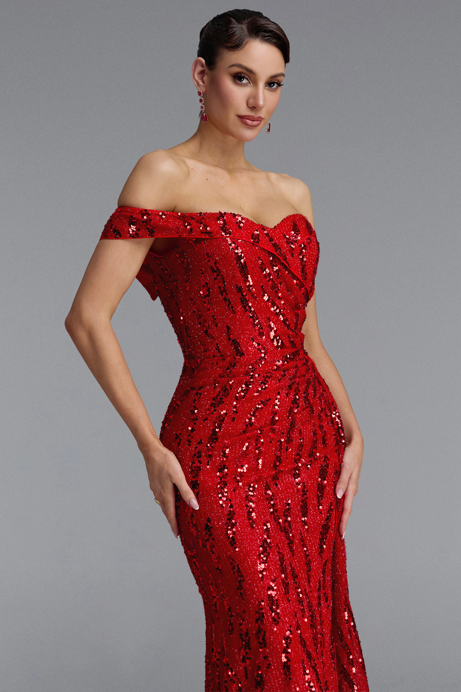 Roanna Elegant Off Shoulder Sequin High Slit Maxi Dress