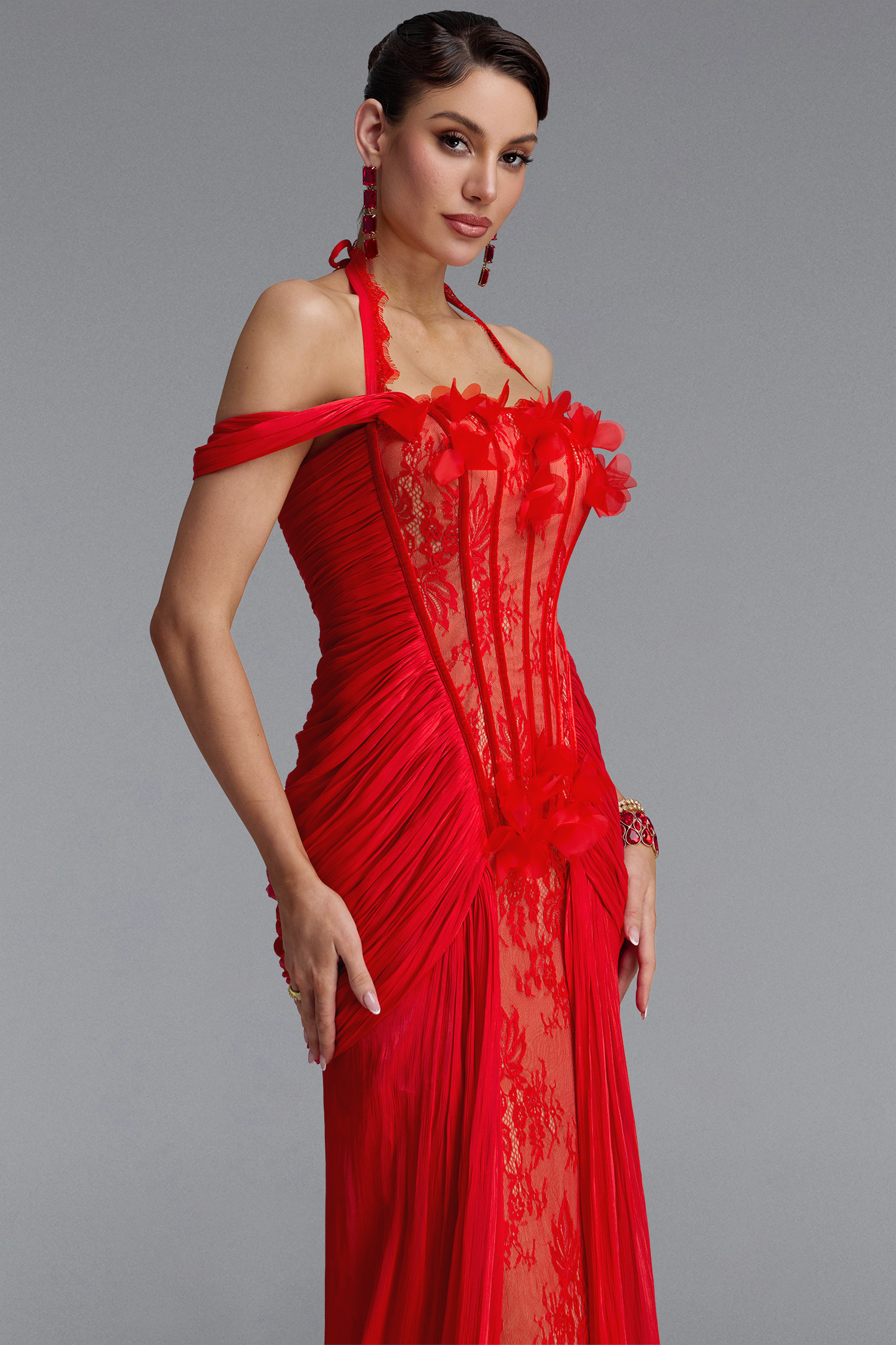 Fredrika Sexy Halter Off Shoulder Ruffle Lace Maxi Dress