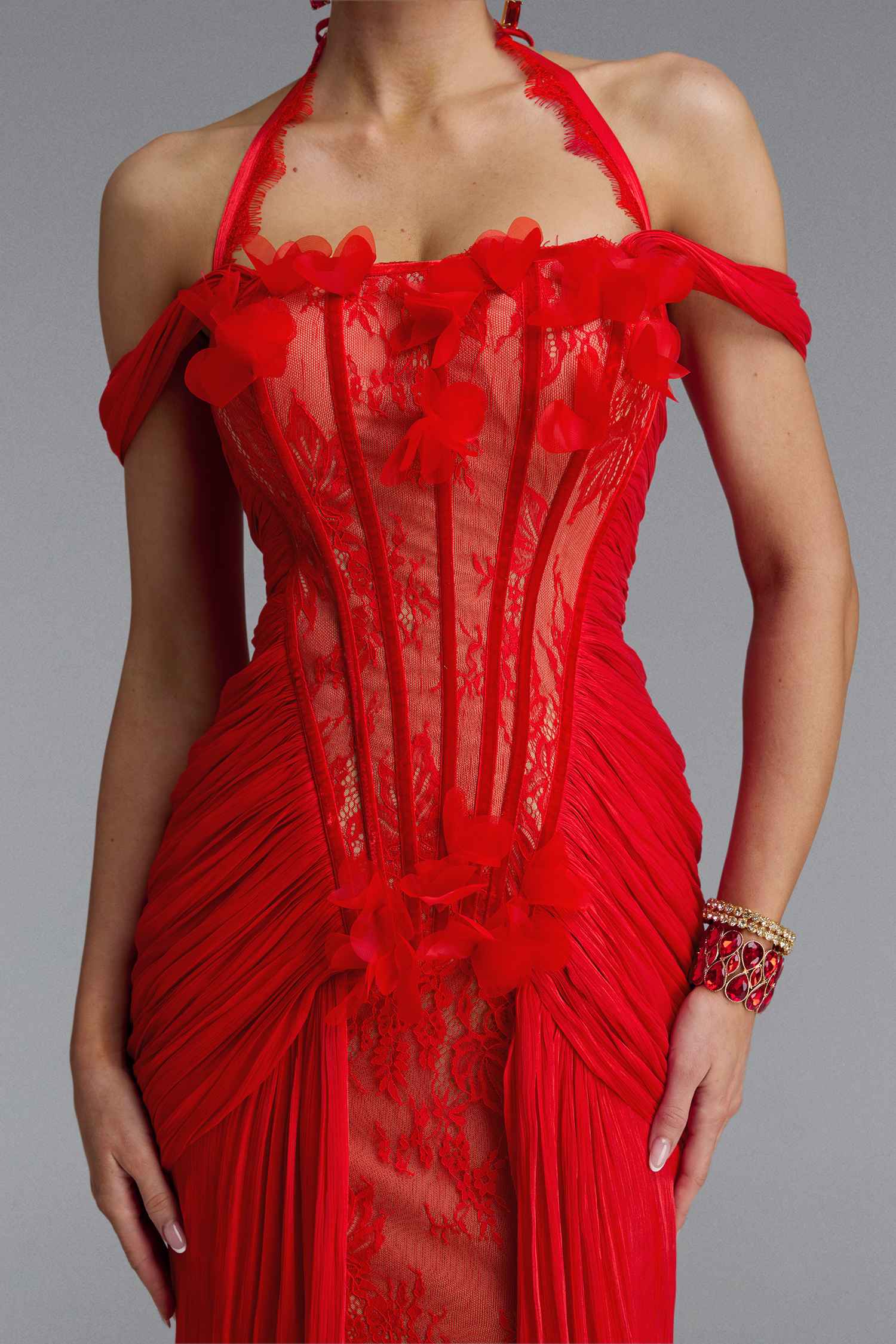 Fredrika Sexy Halter Off Shoulder Ruffle Lace Maxi Dress