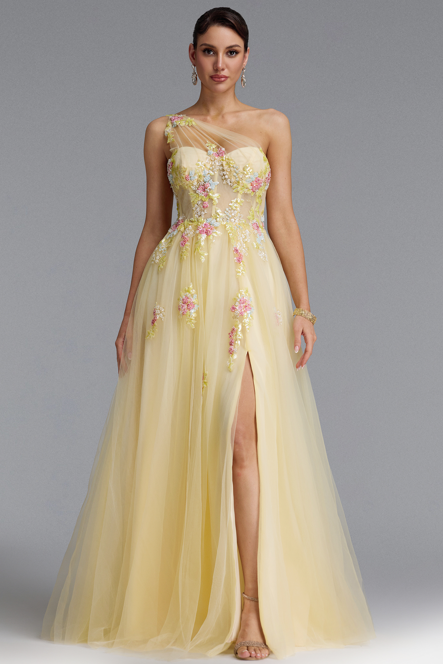 Florelle Romantic One Shoulder Floral Embroidery Slit Maxi Dress