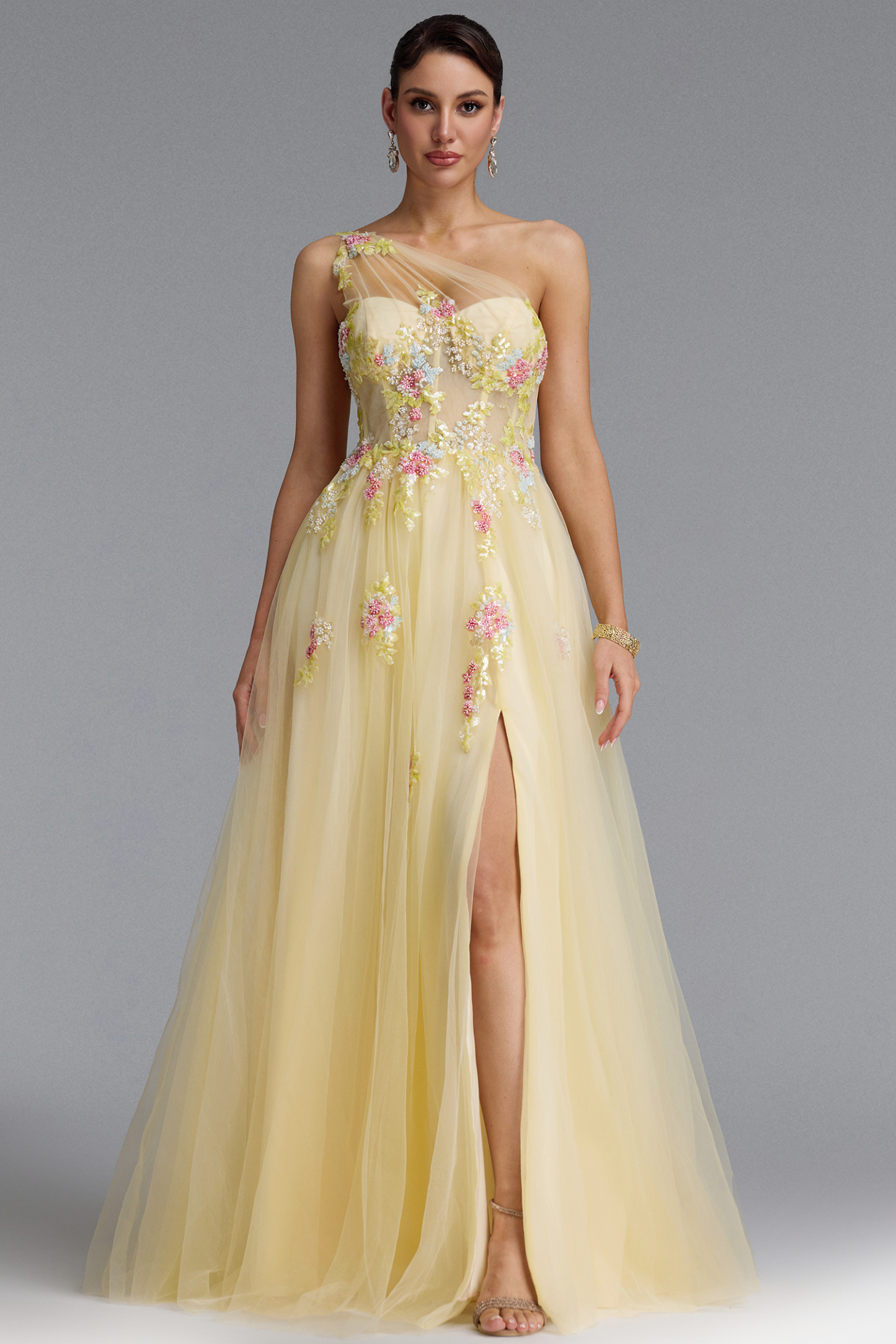 Florelle Romantic One Shoulder Floral Embroidery Slit Maxi Dress