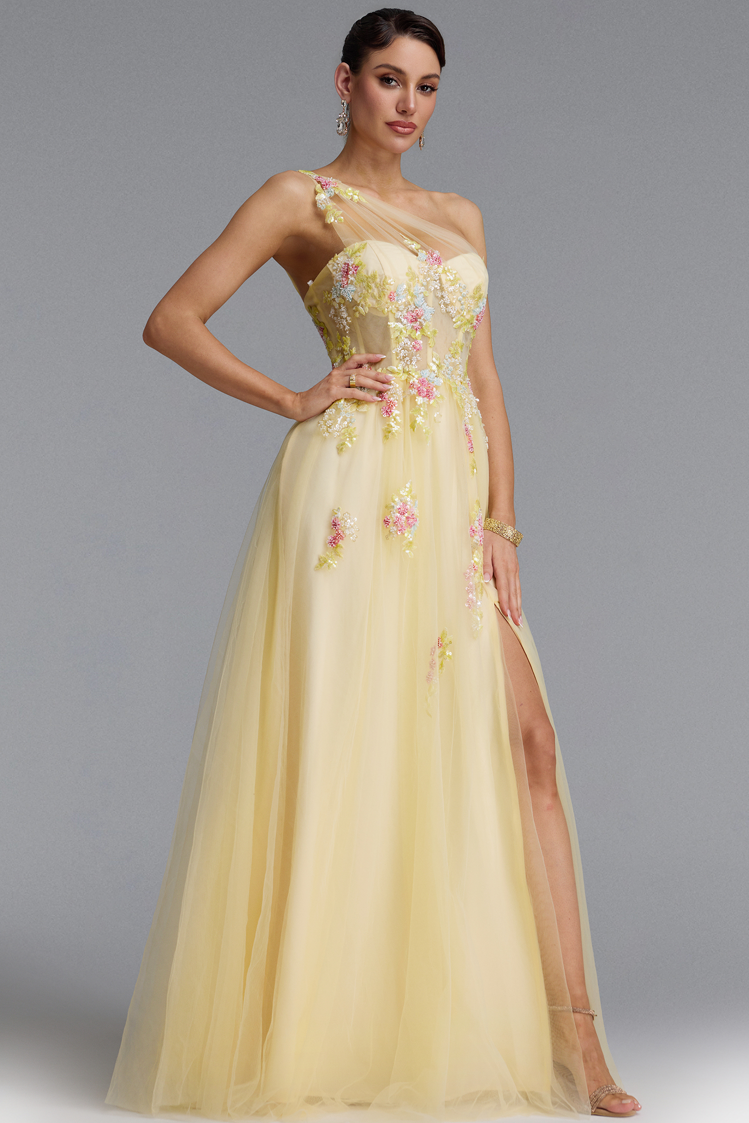 Florelle Romantic One Shoulder Floral Embroidery Slit Maxi Dress