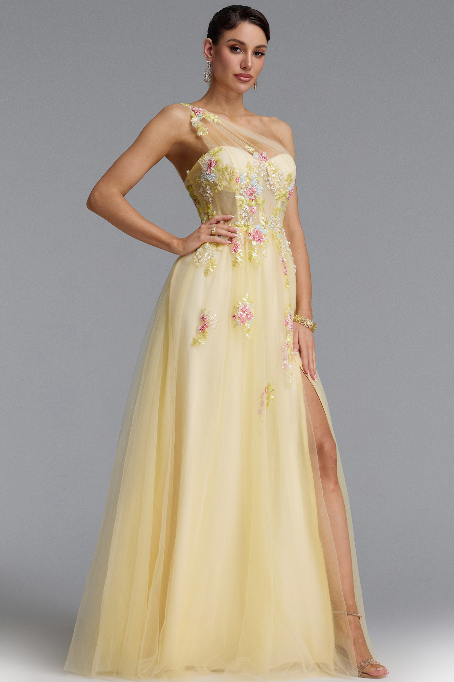Florelle Romantic One Shoulder Floral Embroidery Slit Maxi Dress