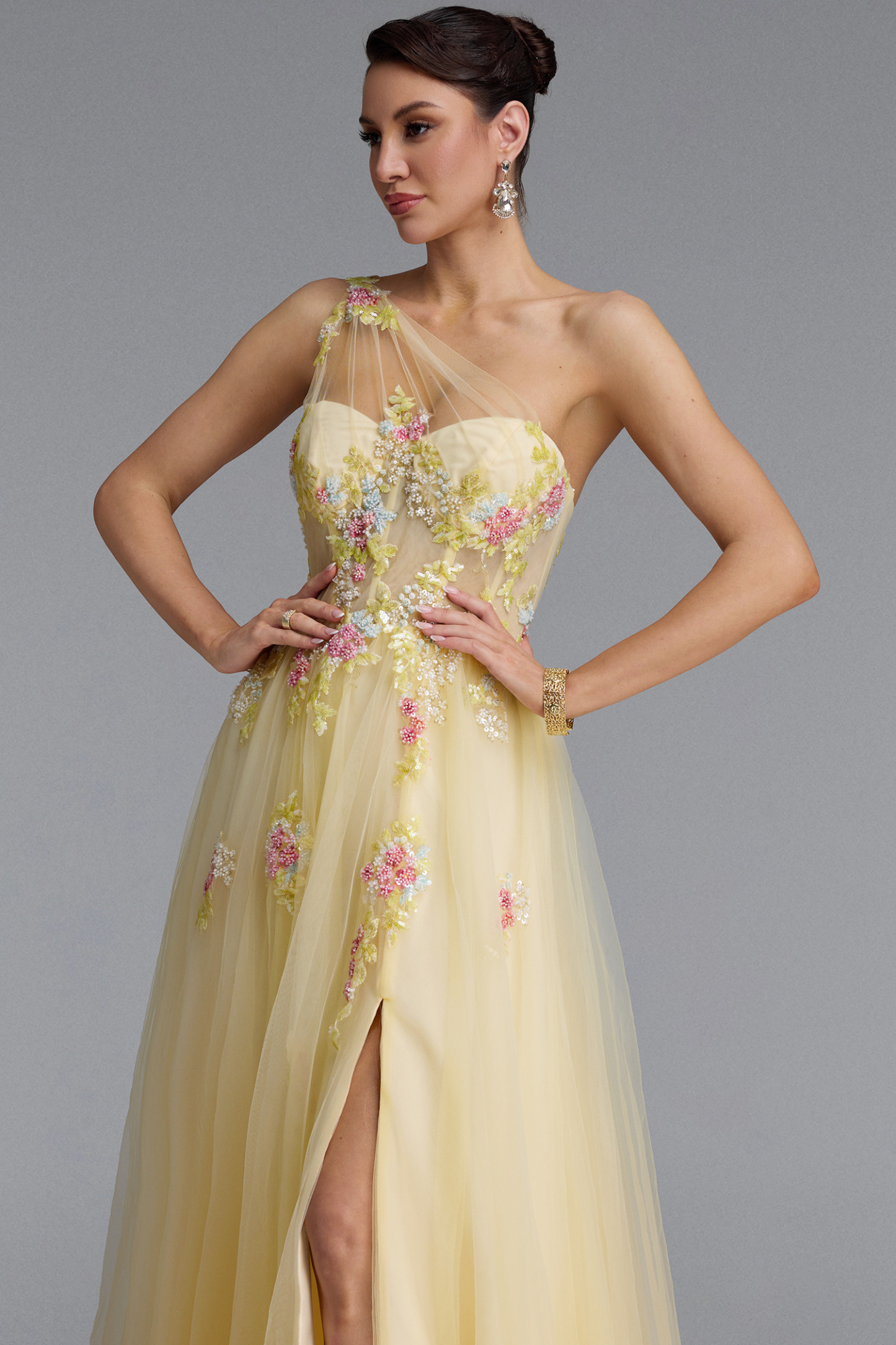 Florelle Romantic One Shoulder Floral Embroidery Slit Maxi Dress