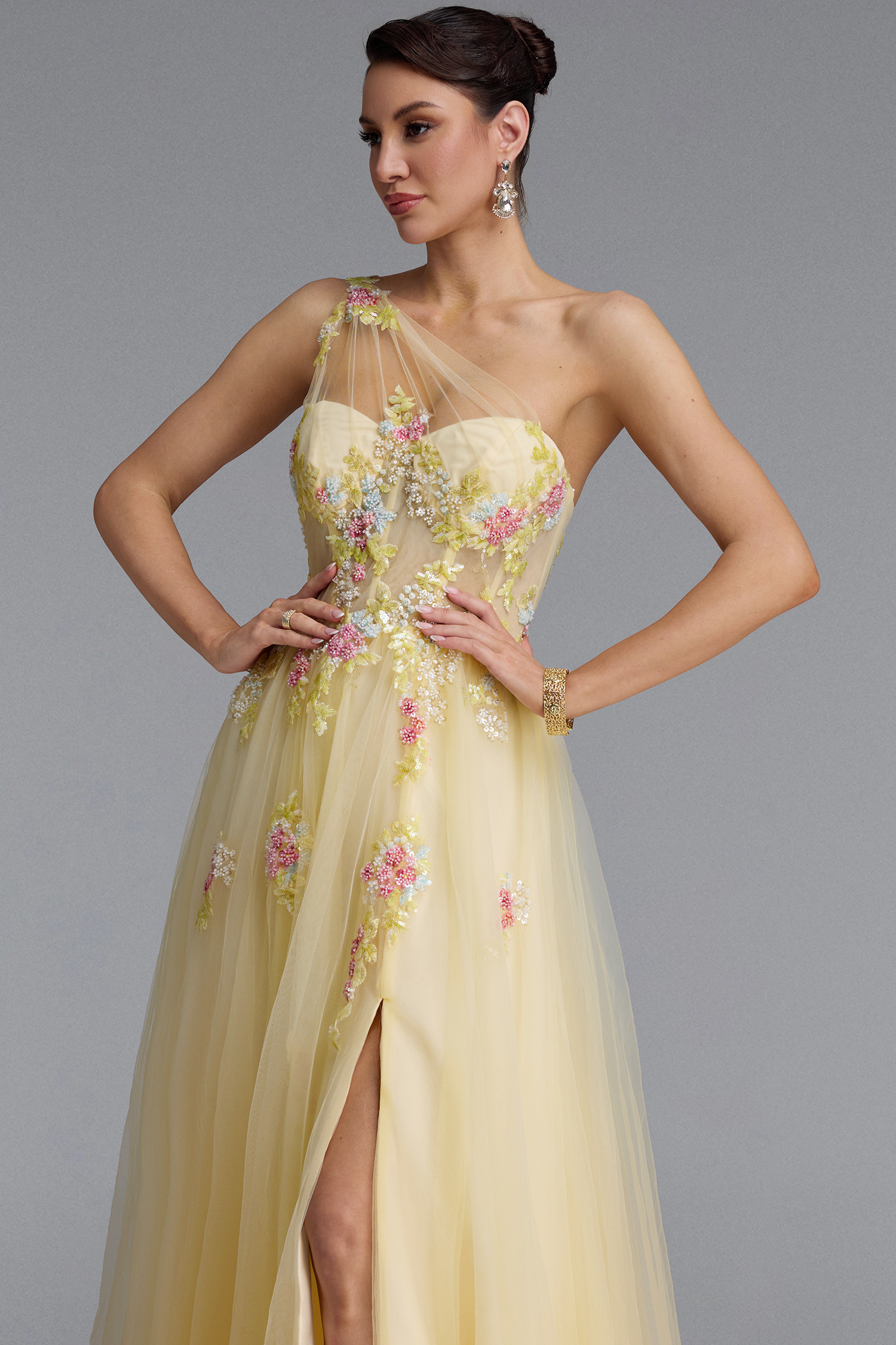 Florelle Romantic One Shoulder Floral Embroidery Slit Maxi Dress