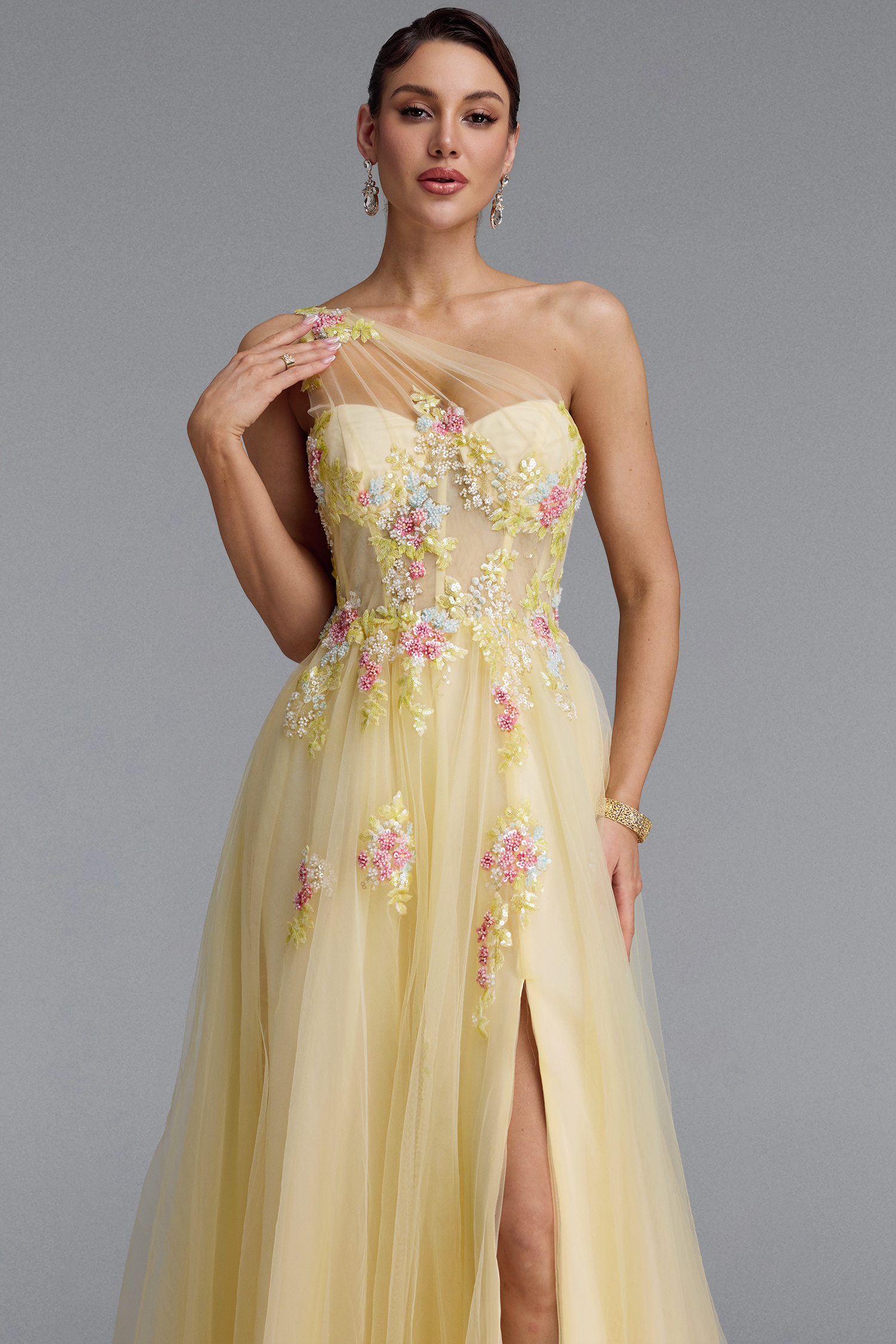 Florelle Romantic One Shoulder Floral Embroidery Slit Maxi Dress