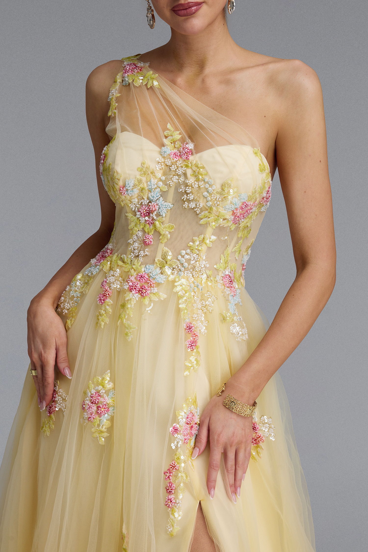 Florelle Romantic One Shoulder Floral Embroidery Slit Maxi Dress