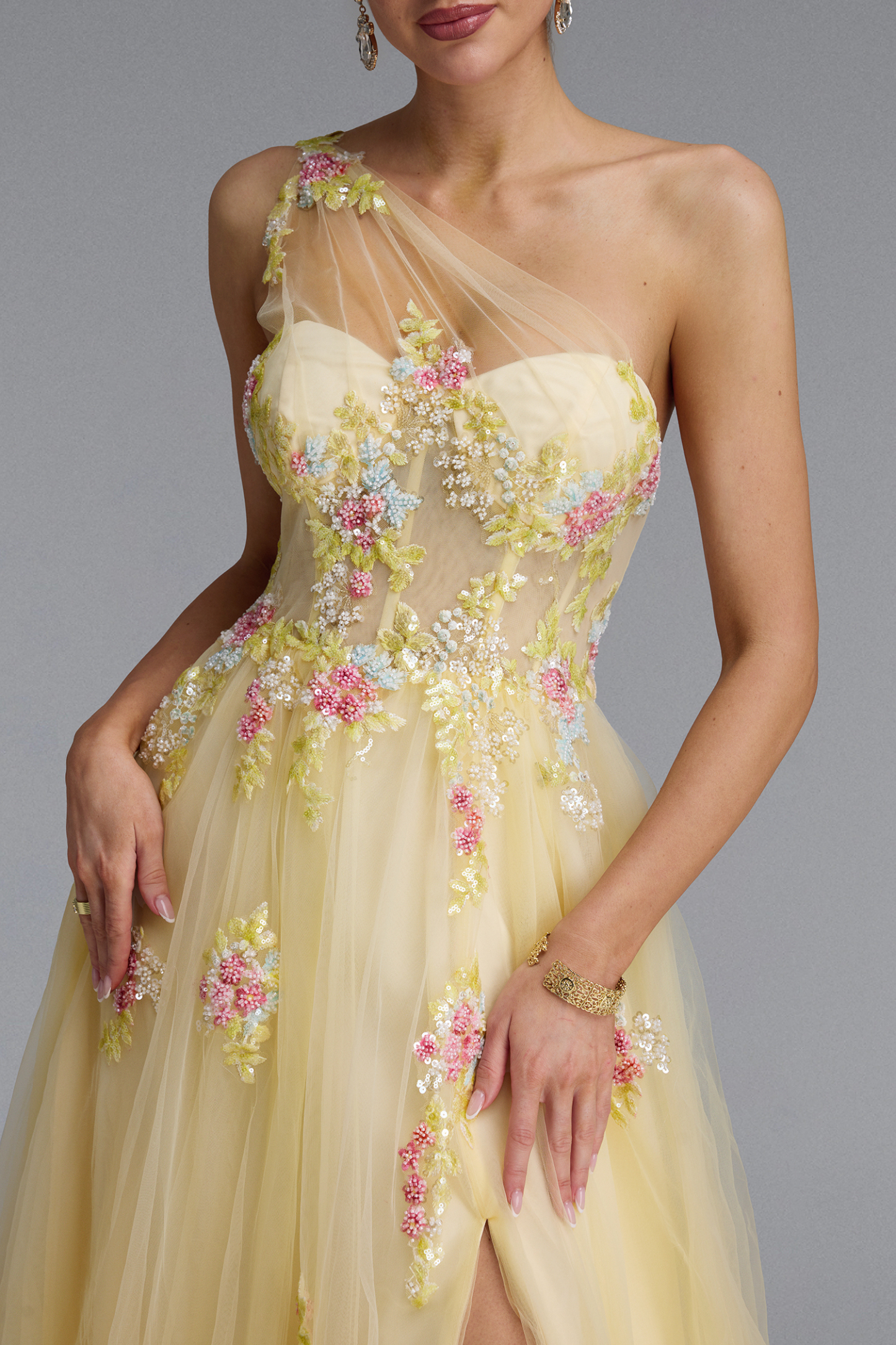 Florelle Romantic One Shoulder Floral Embroidery Slit Maxi Dress