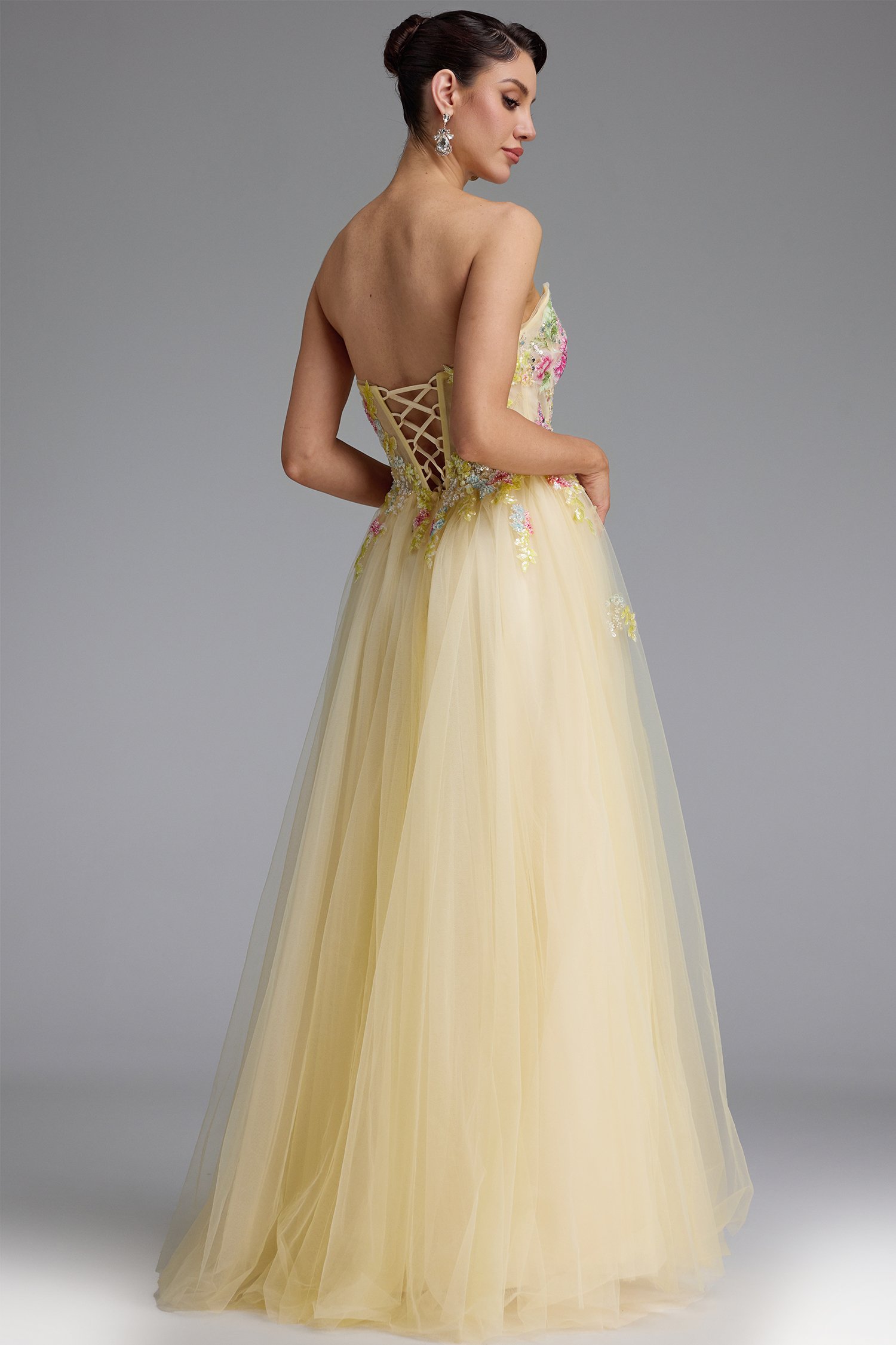 Vilane Romantic Strapless Floral Embroidery Maxi Dress