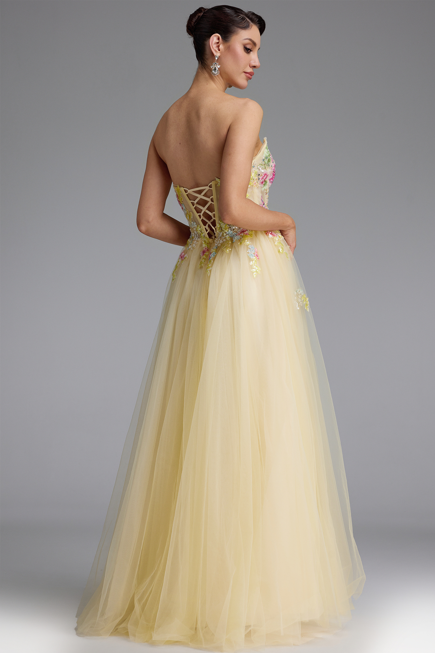 Vilane Romantic Strapless Floral Embroidery Maxi Dress
