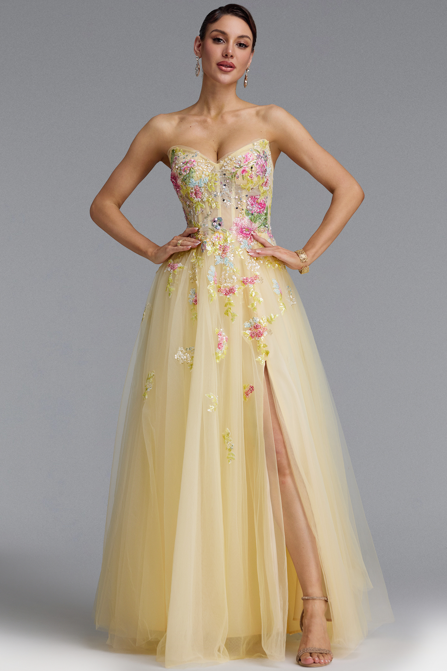 Vilane Romantic Strapless Floral Embroidery Maxi Dress