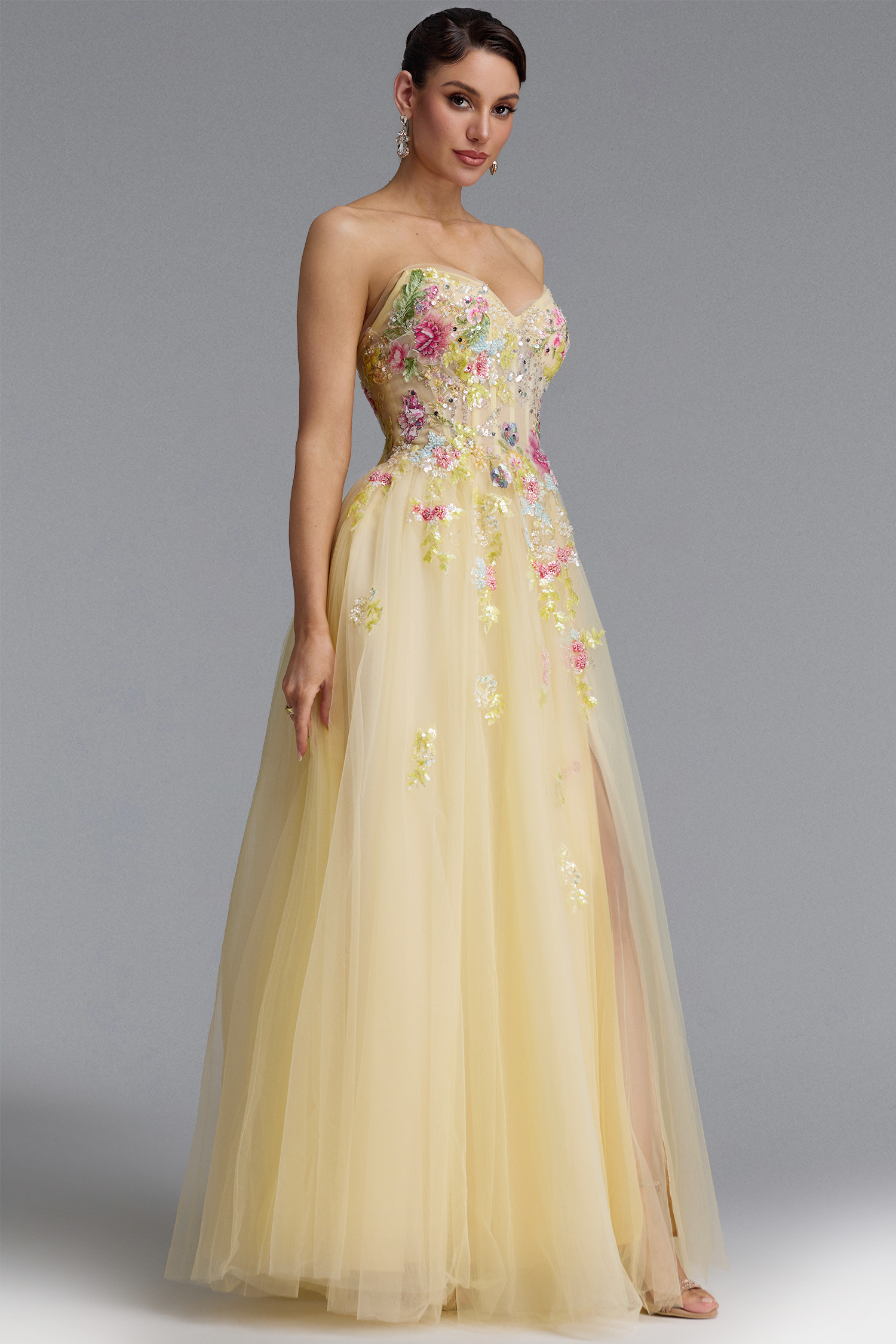 Vilane Romantic Strapless Floral Embroidery Maxi Dress