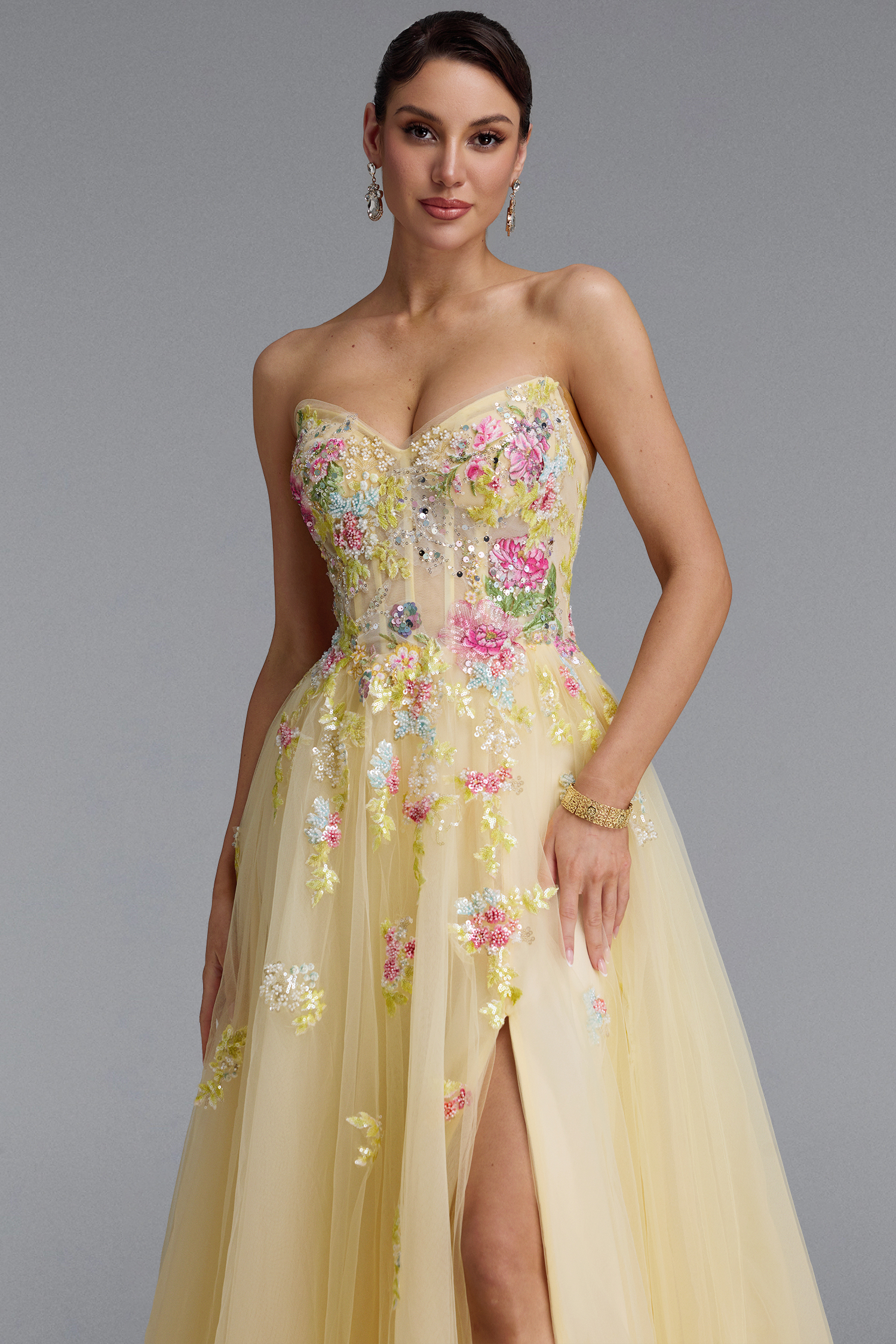 Vilane Romantic Strapless Floral Embroidery Maxi Dress