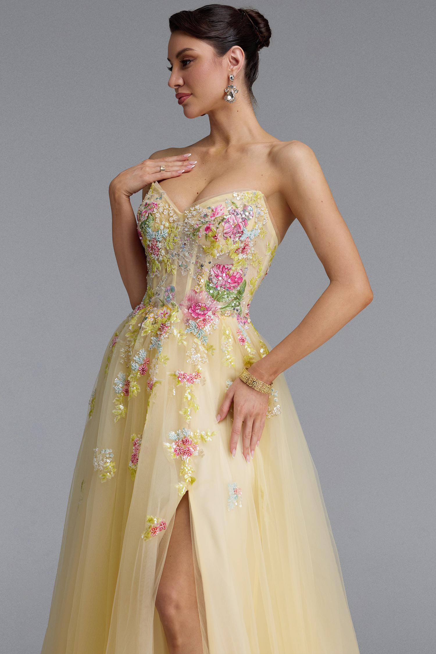 Vilane Romantic Strapless Floral Embroidery Maxi Dress