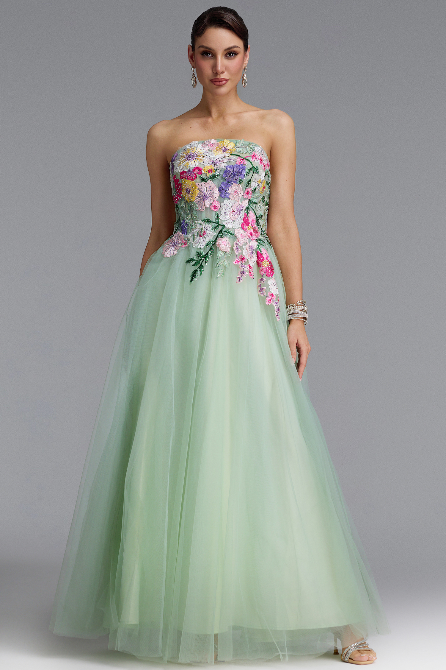 Paloma Romantic Strapless Floral Embroidery Maxi Dress