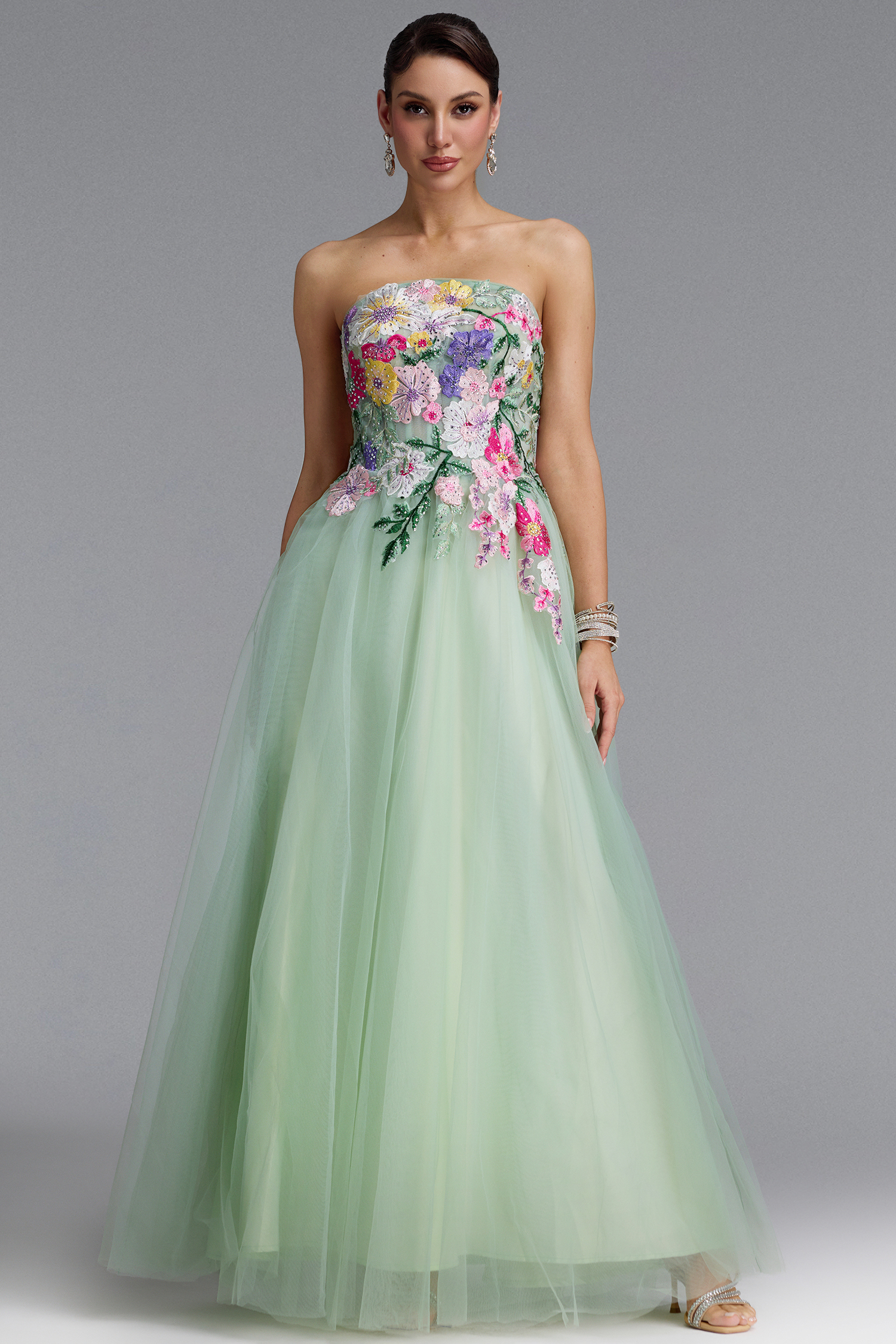 Paloma Romantic Strapless Floral Embroidery Maxi Dress