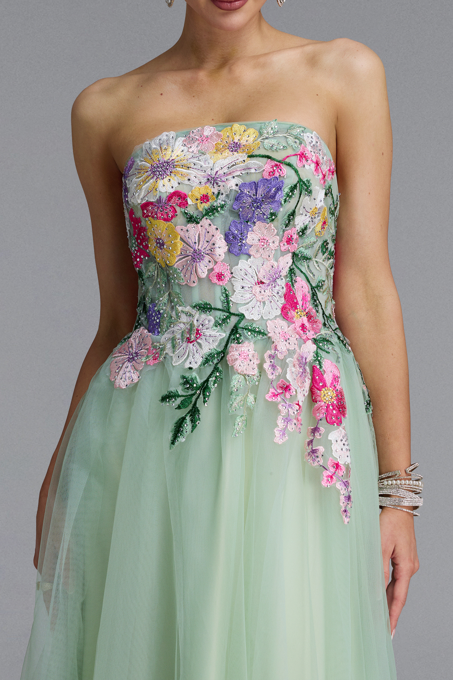 Paloma Romantic Strapless Floral Embroidery Maxi Dress