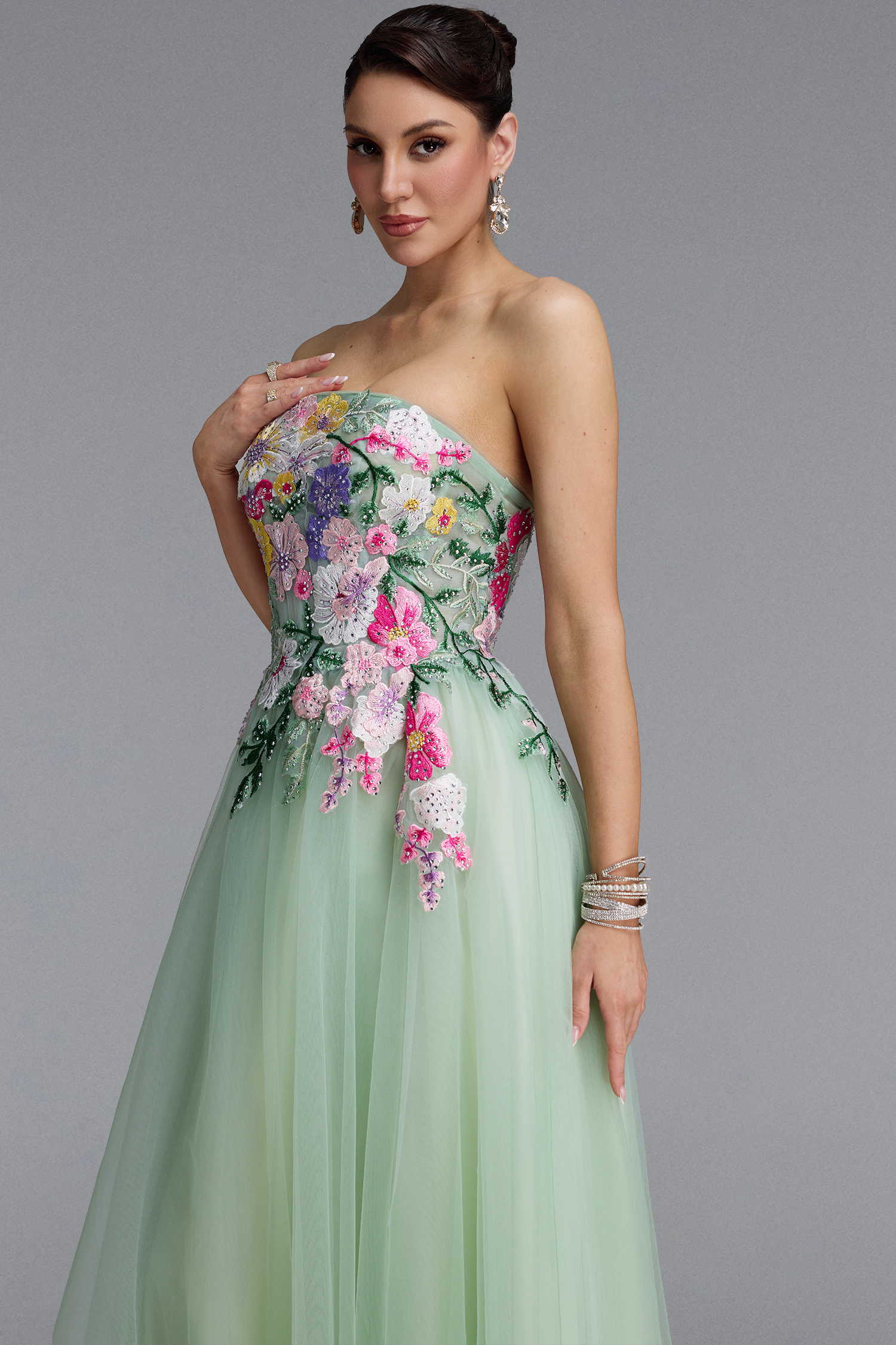 Paloma Romantic Strapless Floral Embroidery Maxi Dress