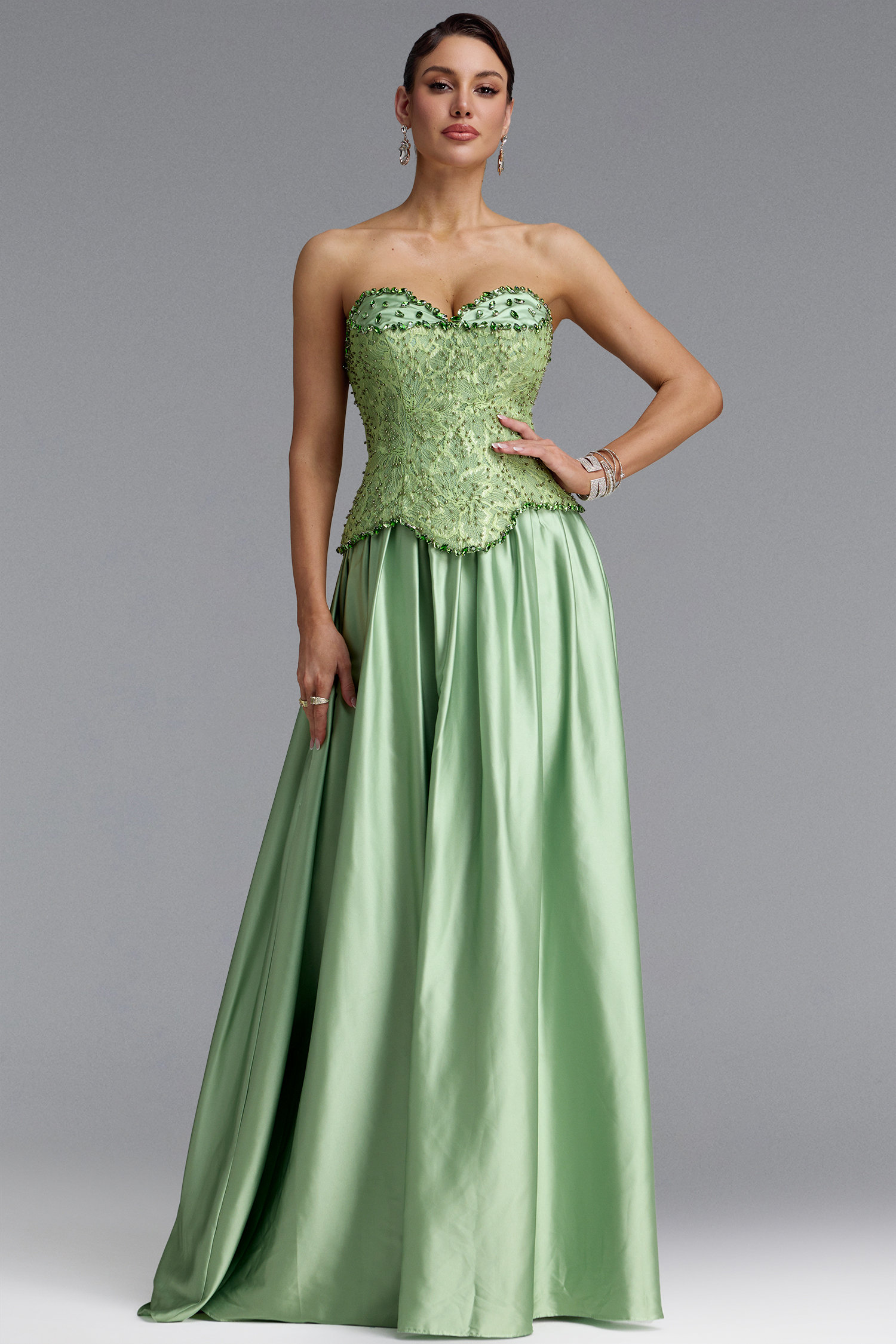 Fara Vintage Strapless Lace Beaded Maxi Dress