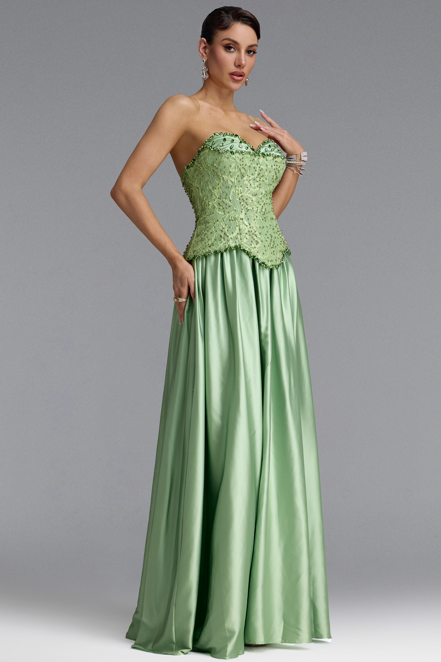 Fara Vintage Strapless Lace Beaded Maxi Dress