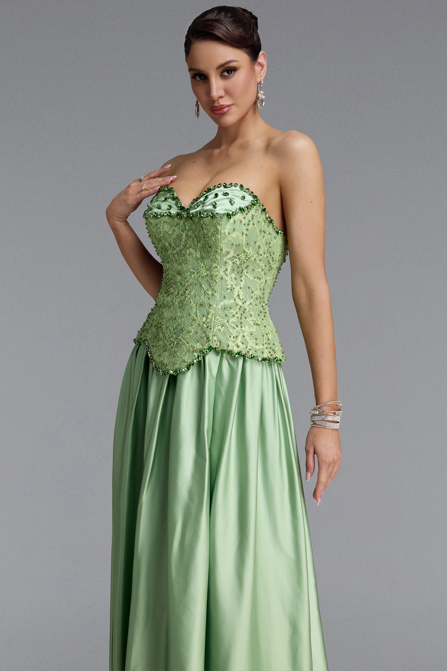 Fara Vintage Strapless Lace Beaded Maxi Dress