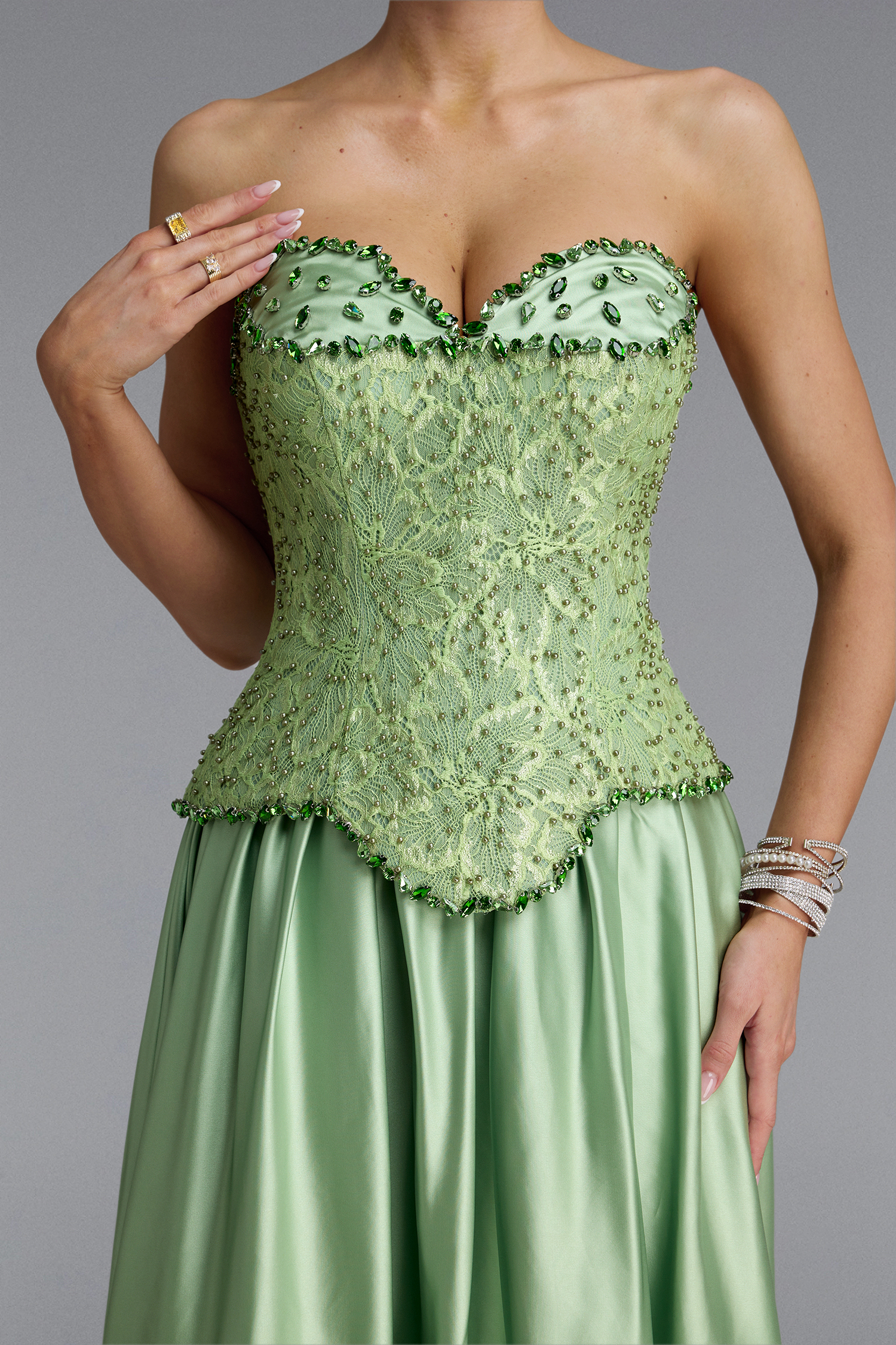 Fara Vintage Strapless Lace Beaded Maxi Dress