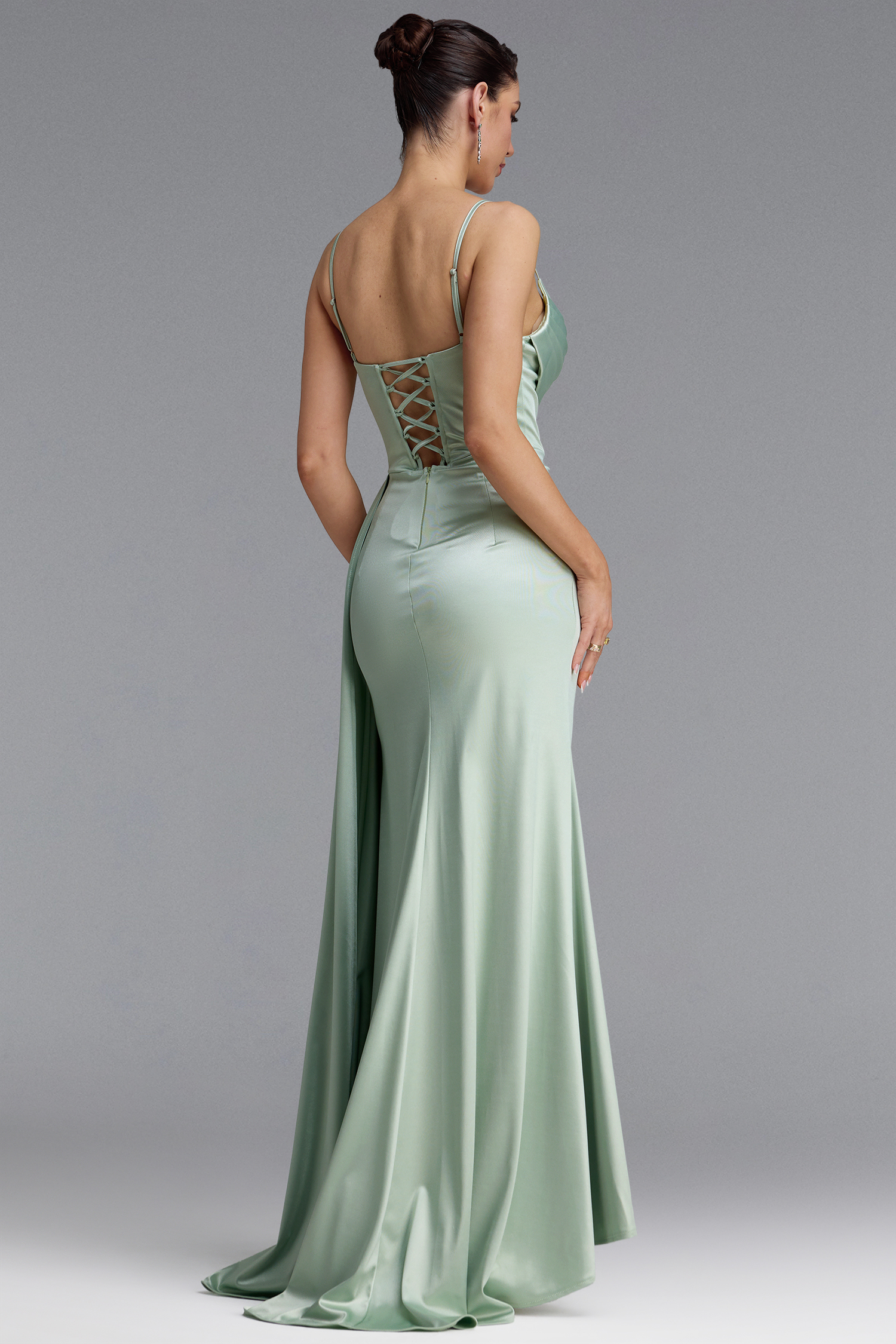 Nadja Elegant Spaghetti Strap V Neck Ruched Slit Light Green Maxi Dress