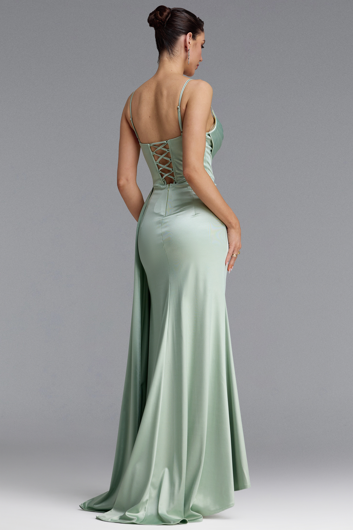 Nadja Elegant Spaghetti Strap V Neck Ruched Slit Light Green Maxi Dress