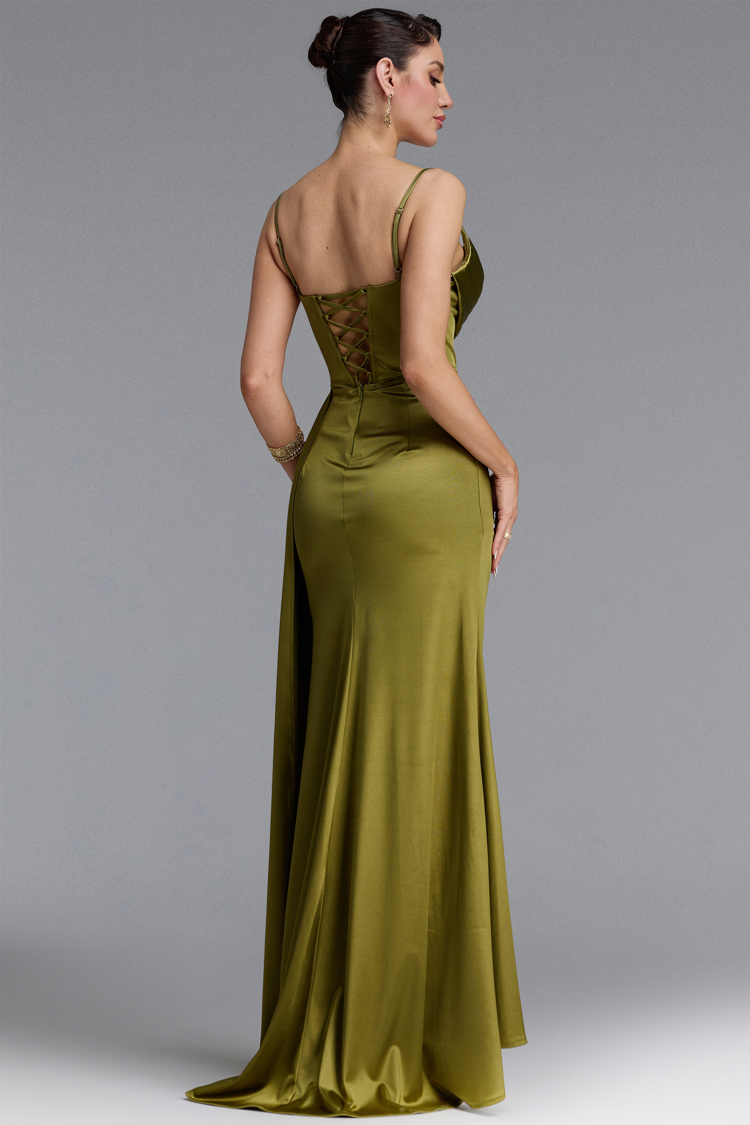 Nadja Elegant Spaghetti Strap V Neck Ruched Slit Green Maxi Dress