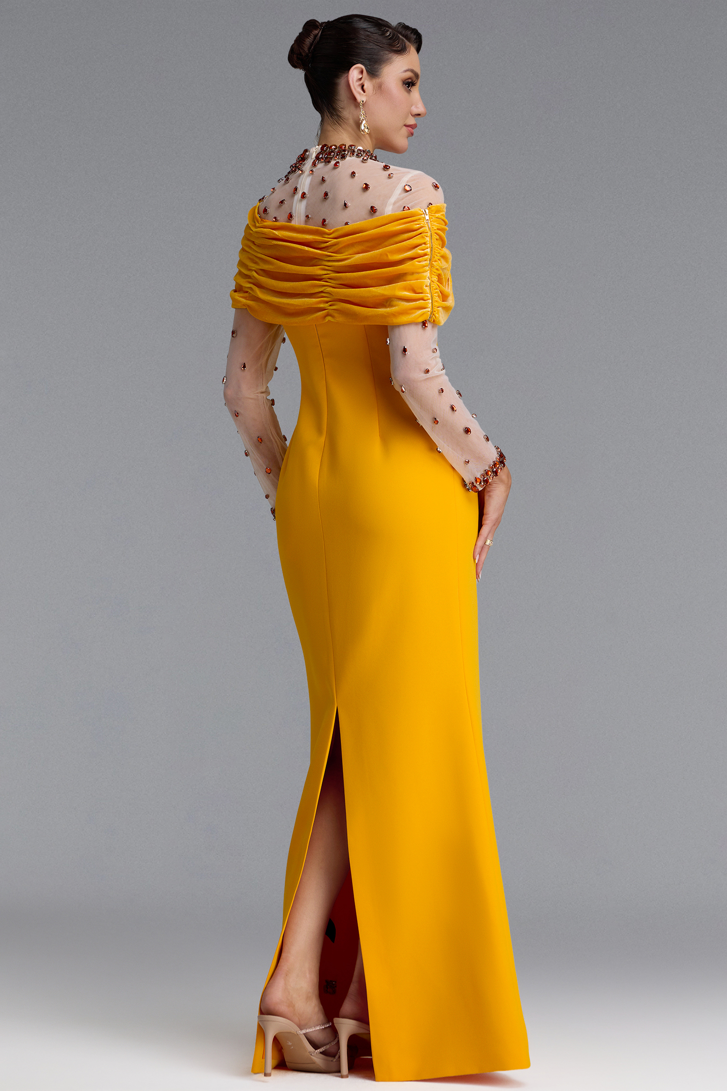 Dyani Elegant Draped One Shoulder Long Sleeve Beaded Maxi Dress