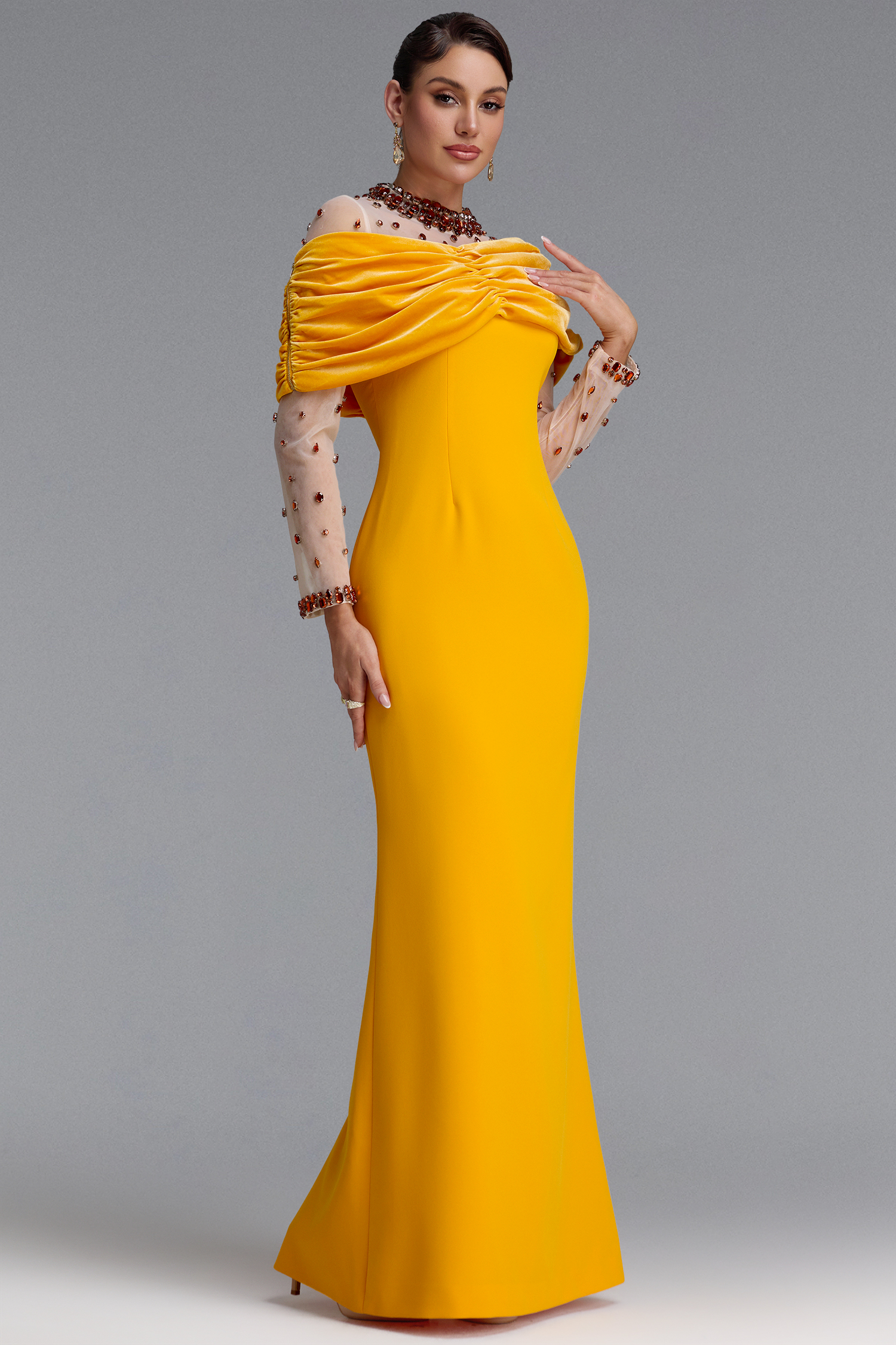 Dyani Elegant Draped One Shoulder Long Sleeve Beaded Maxi Dress