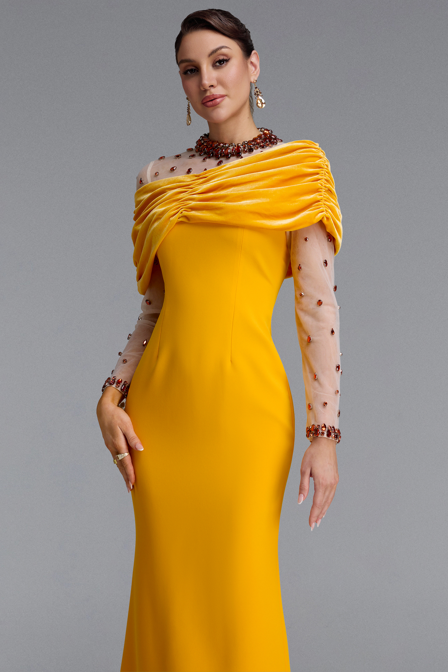 Dyani Elegant Draped One Shoulder Long Sleeve Beaded Maxi Dress