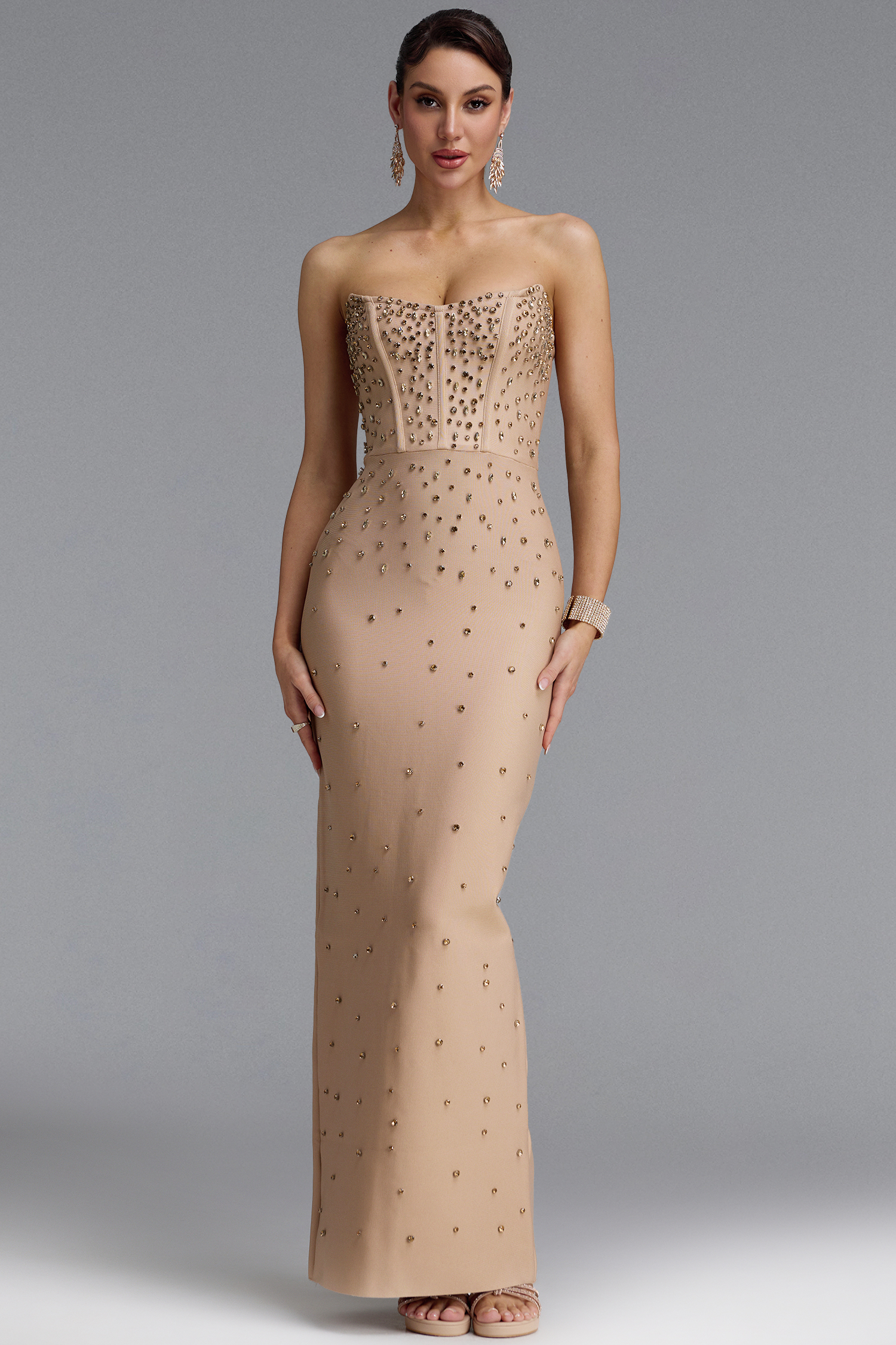 Lyall Slim Strapless Rhinestone Bandage Maxi Dress