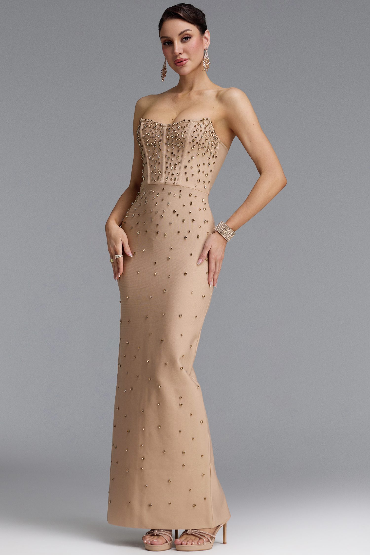 Lyall Slim Strapless Rhinestone Bandage Maxi Dress