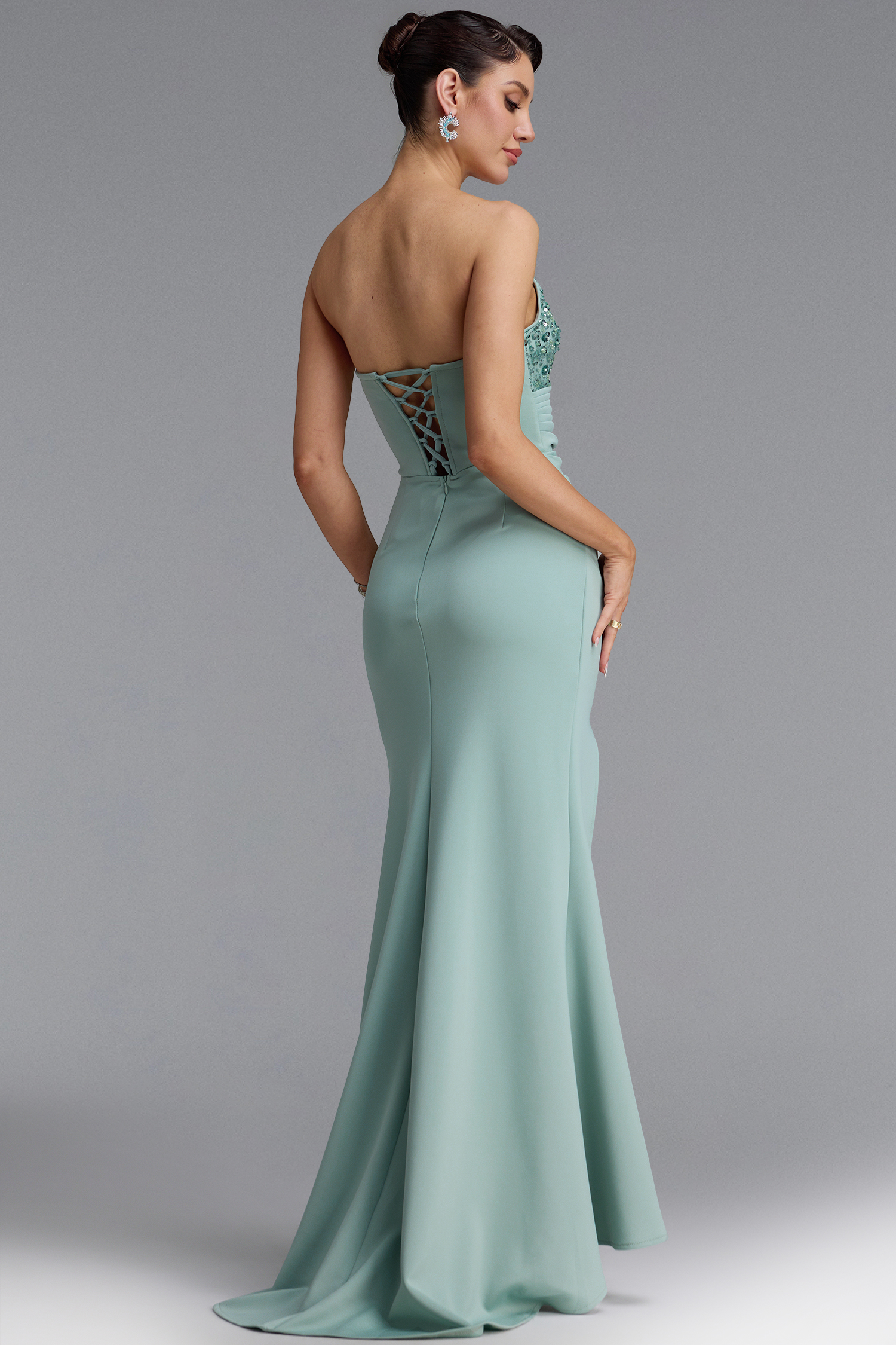 Lakei Classic Strapless Beaded Ruched High Slit Satin Mermaid Maxi Dress