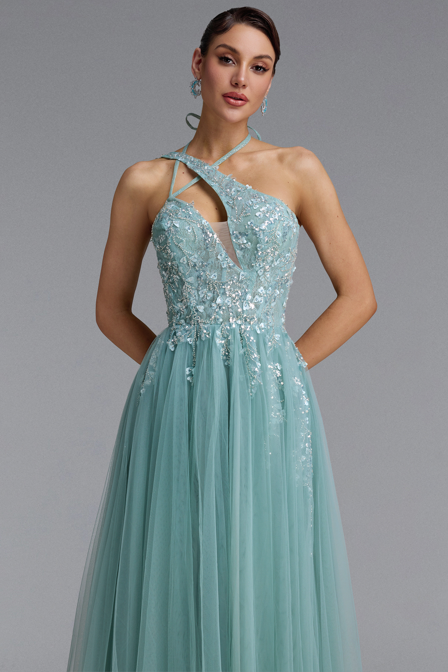 Elana Sexy Halter Cross Cut Out Floral Beaded Tulle Maxi Dress