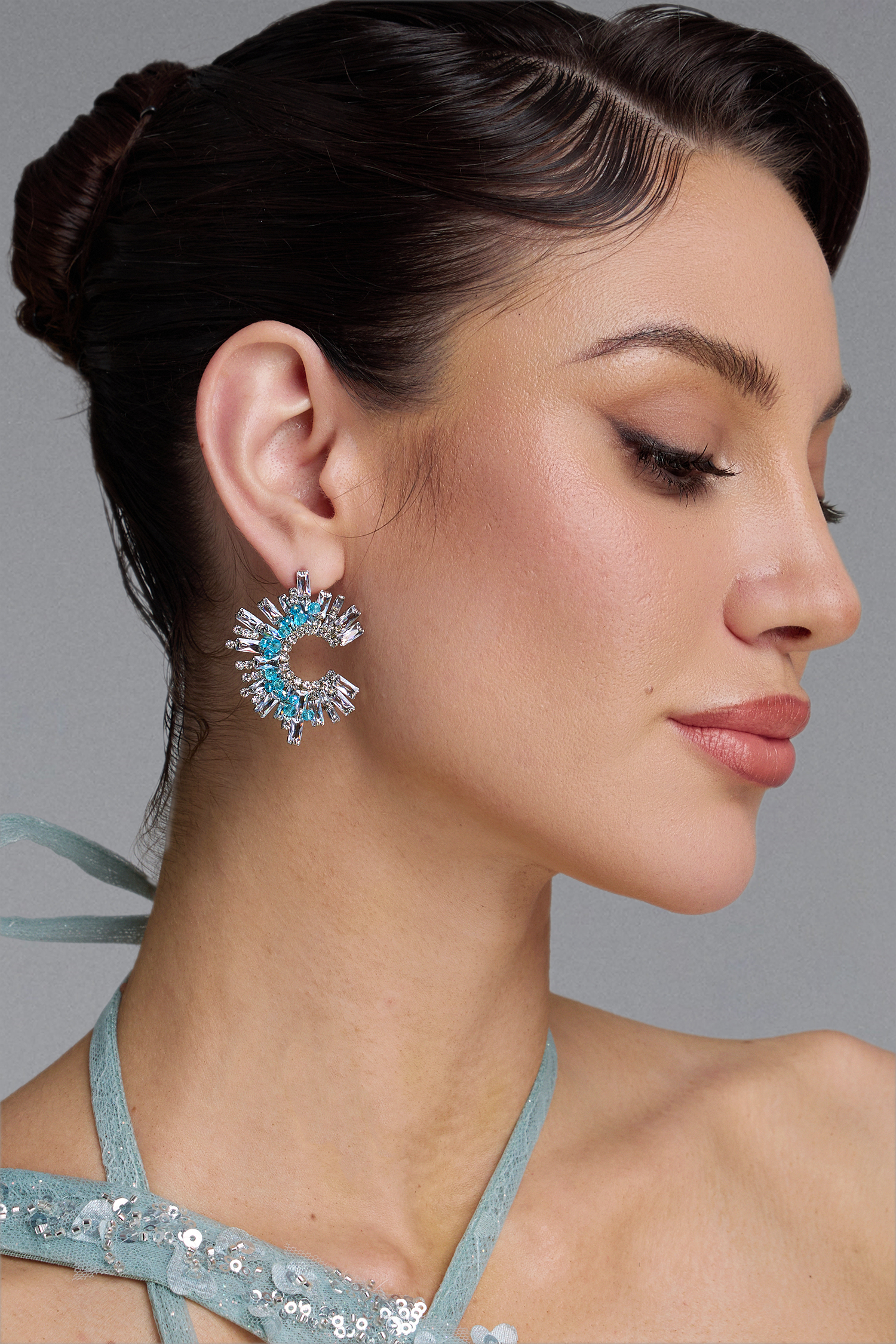 Lesley Luxury C Shaped Radiant Blue Zircon Stud Earrings