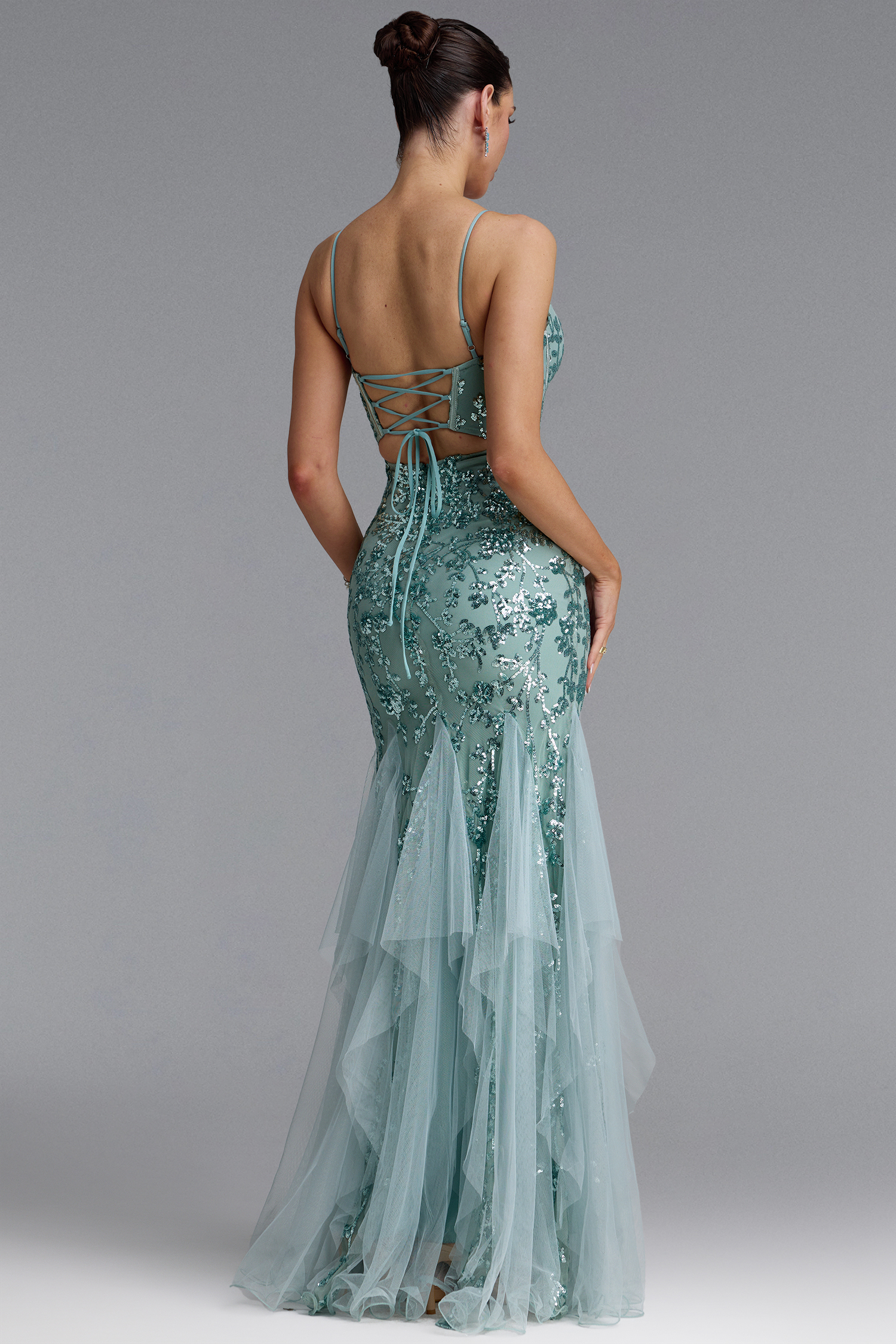 Mirelle Classic Spaghetti Strap V Neck Corset Sequin Mermaid Maxi Dress