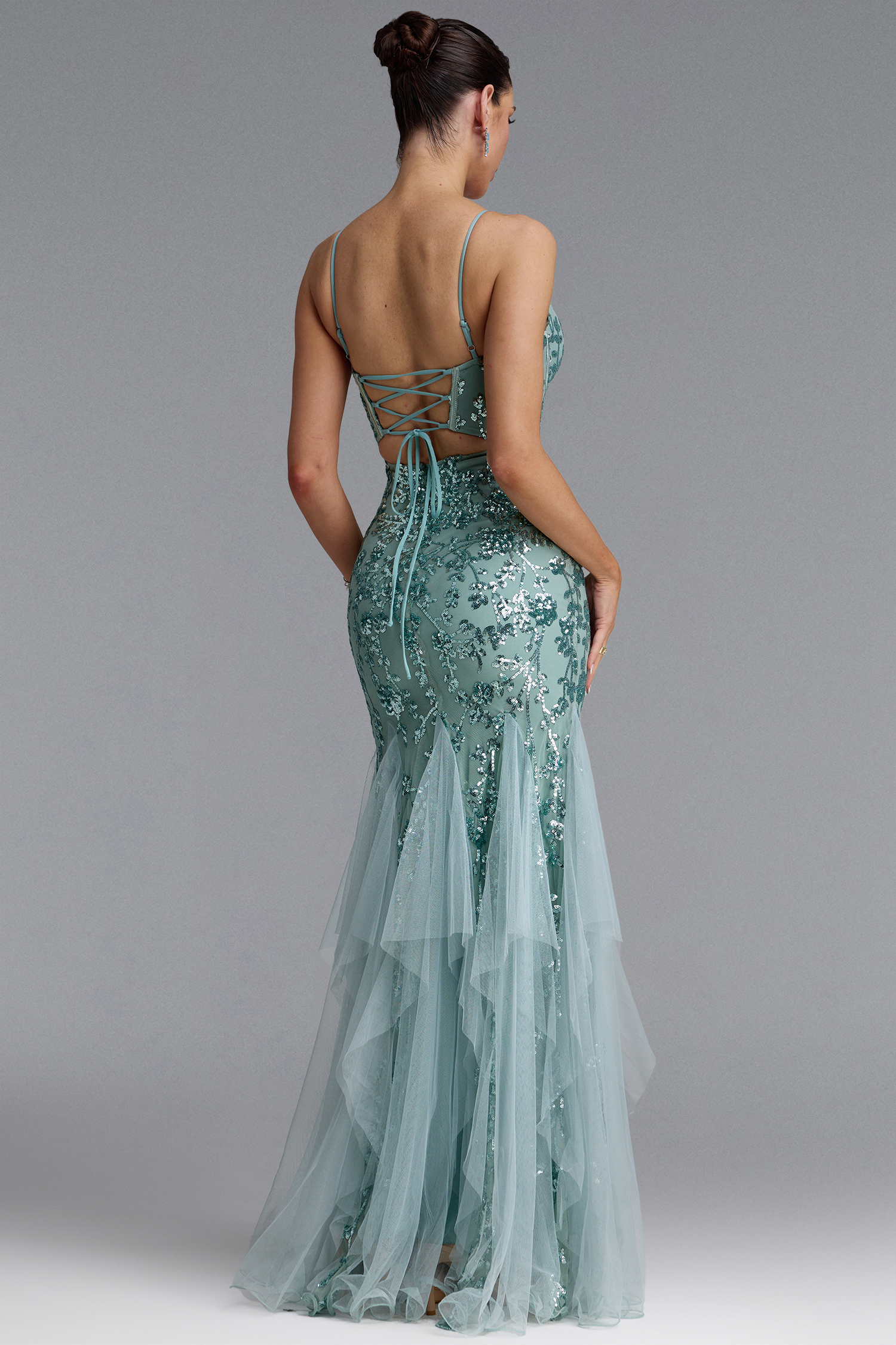 Mirelle Classic Spaghetti Strap V Neck Corset Sequin Mermaid Maxi Dress