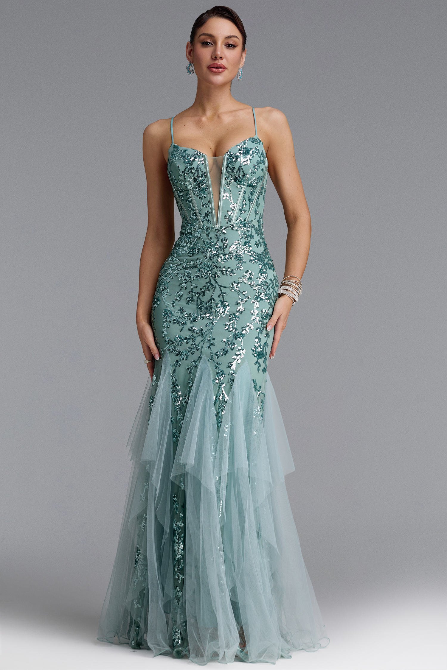 Mirelle Classic Spaghetti Strap V Neck Corset Sequin Mermaid Maxi Dress
