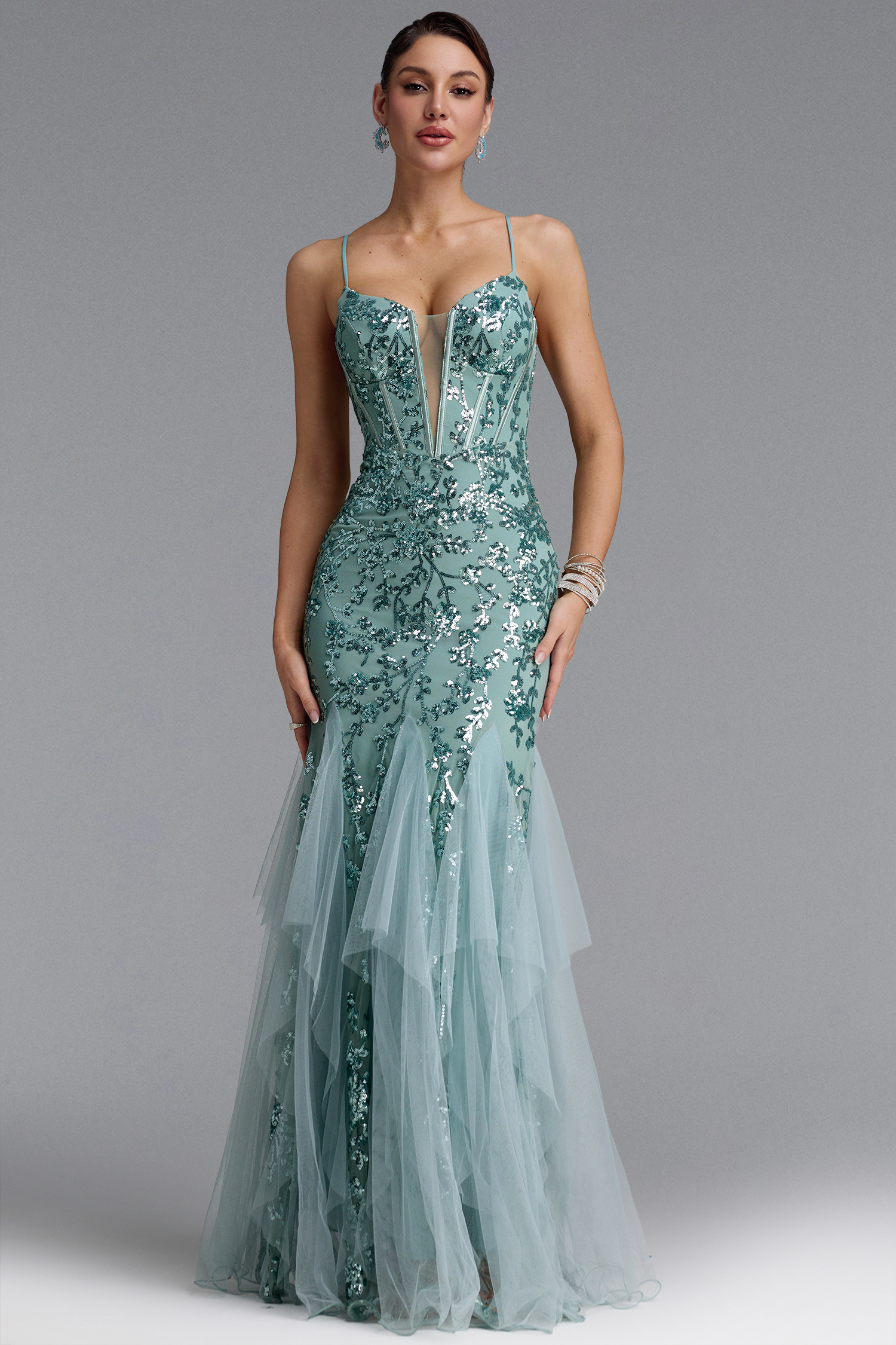Mirelle Classic Spaghetti Strap V Neck Corset Sequin Mermaid Maxi Dress