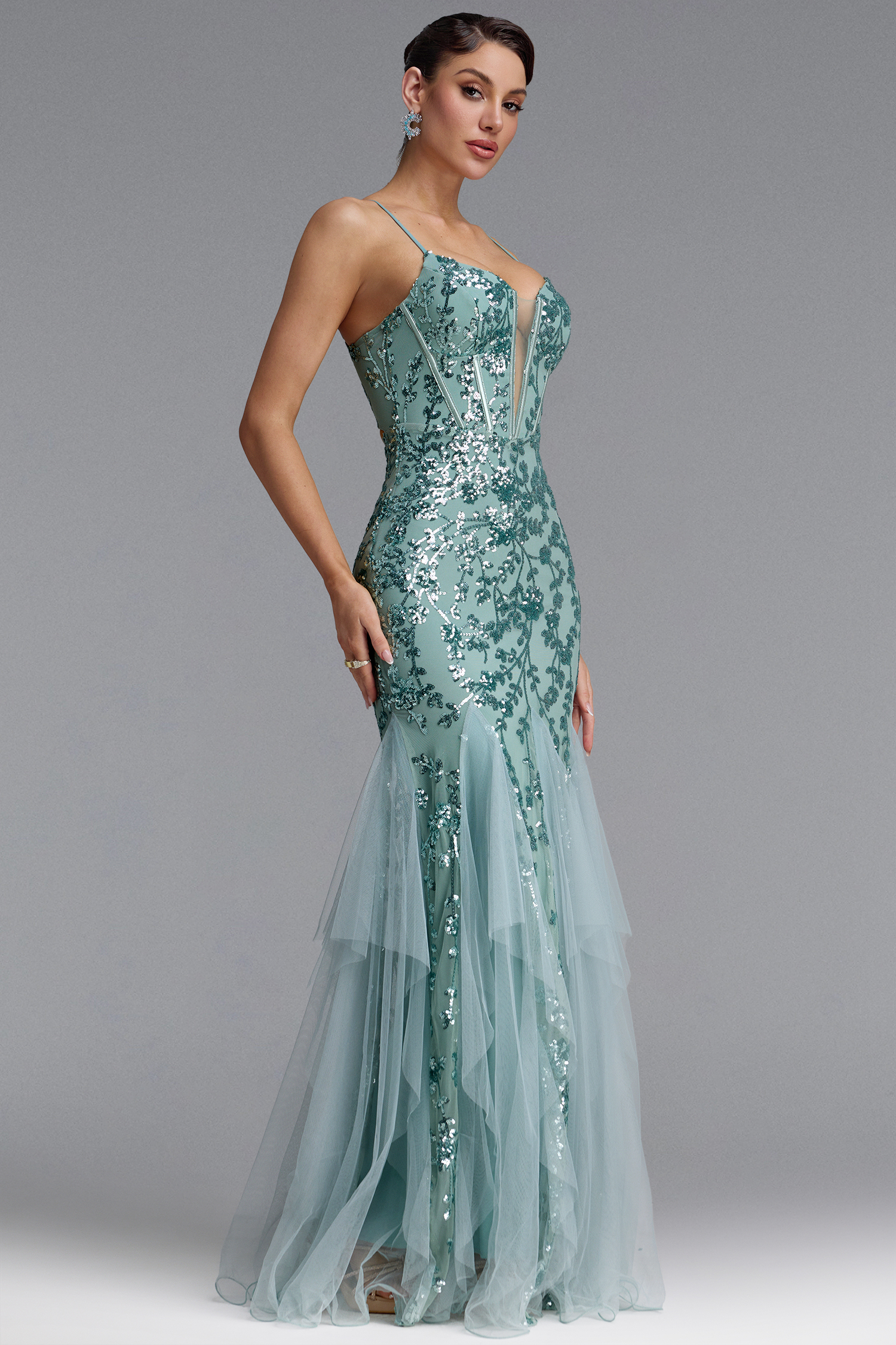 Mirelle Classic Spaghetti Strap V Neck Corset Sequin Mermaid Maxi Dress